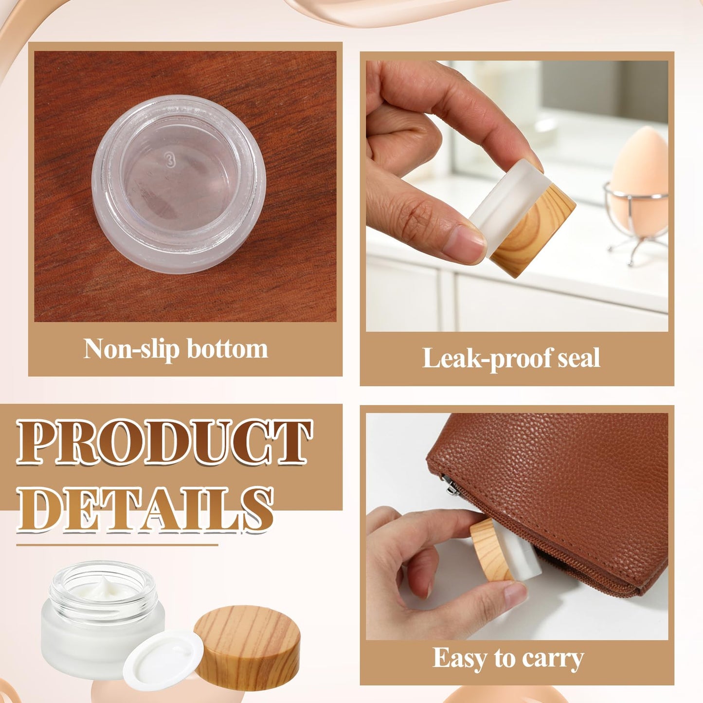 36 Pcs 5 Grams Glass Cosmetic Containers, Round Frosted Cosmetic Jars with Leak proof Woodgrain Lids, Makeup Sample Containers, Empty Glass Sample Jars for Lotion, Cream, Scrub, Balm
