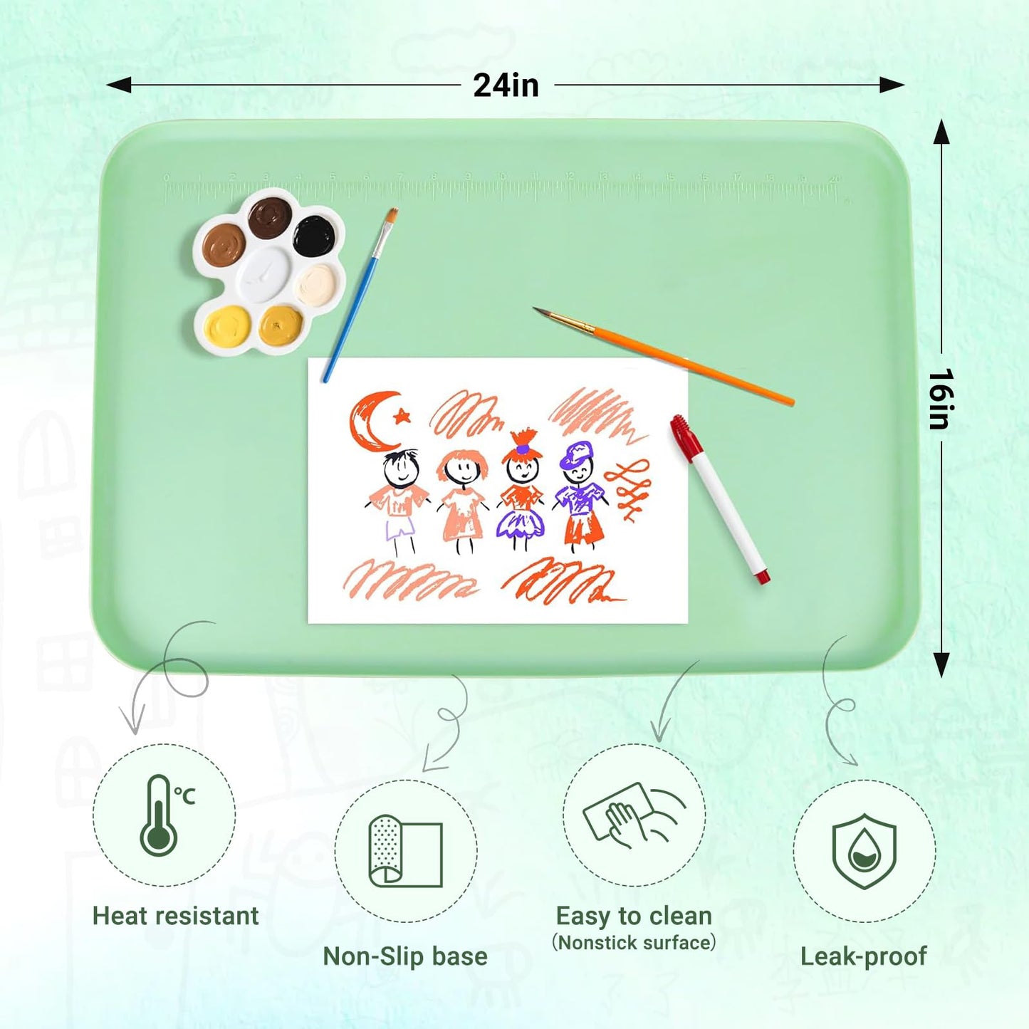 Premium Silicone Art Mat for Crafts, 24" x 16" Non-Slip Art Mat for Painting, Clay, Resin, Slime, Jewelry-Making, and Crafts – Waterproof & Easy to Clean, Raised Edges for Mess-Free Crafting (Green)