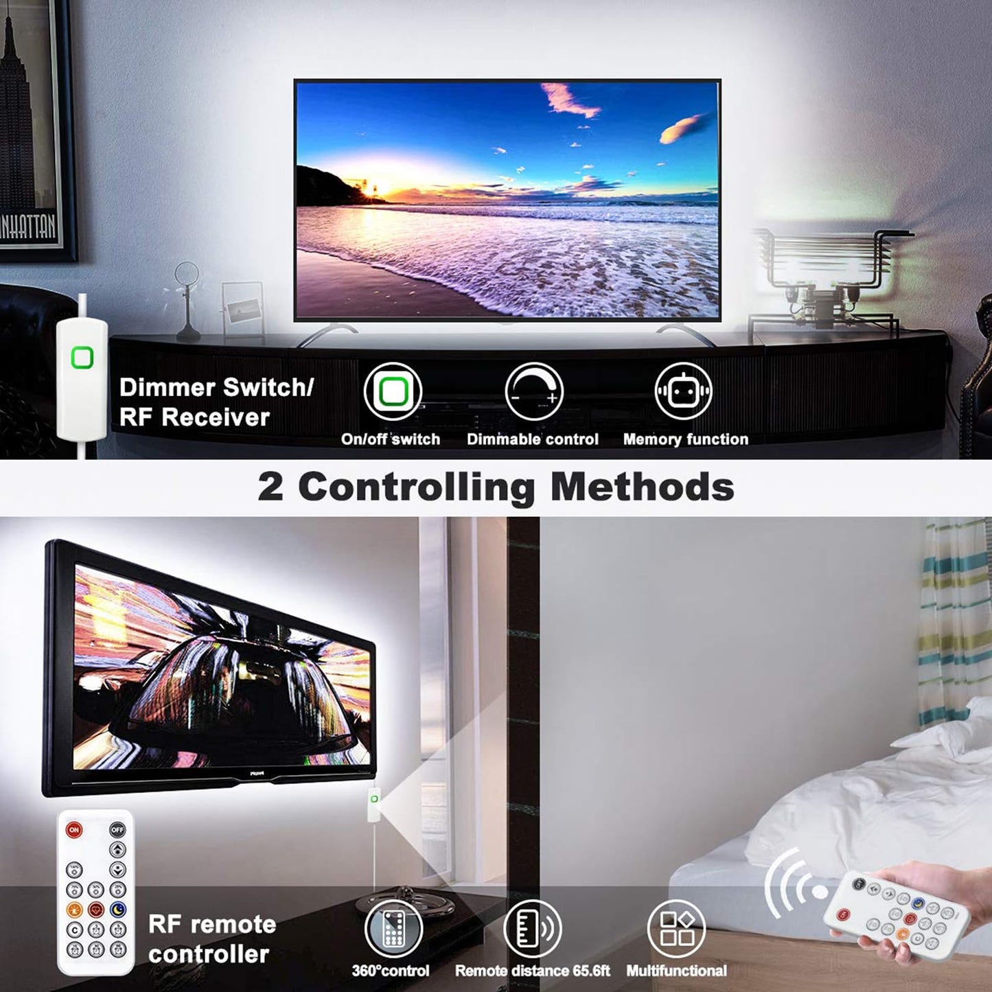 MY BEAUTY LIGHT White LED Strip Lights, 16.4ft Dimmable LED Light Strip with RF Remote, 300 Bright 6500K 2835 LEDs, Strong Adhesive LED Tape Light with Timing Mode for Mirror Bedroom Kitchen Cabinet
