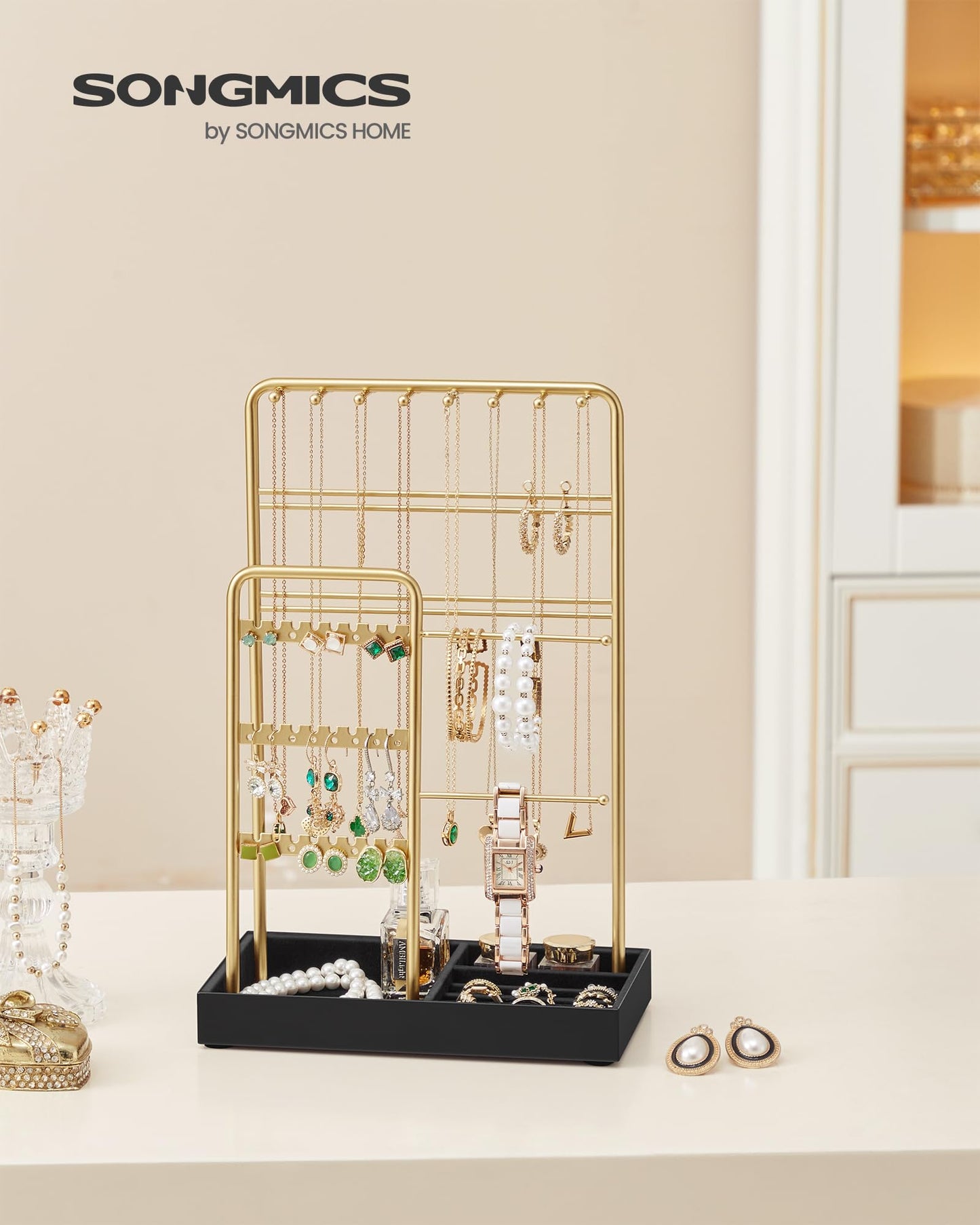 SONGMICS Jewelry Holder, Jewelry Organizer Display Stand with Metal Frame, Velvet Tray, Necklace Earring Bracelet Holder, for Studs, Rings, Gift Idea, Pale Gold and Ink Black UJJS021AB02