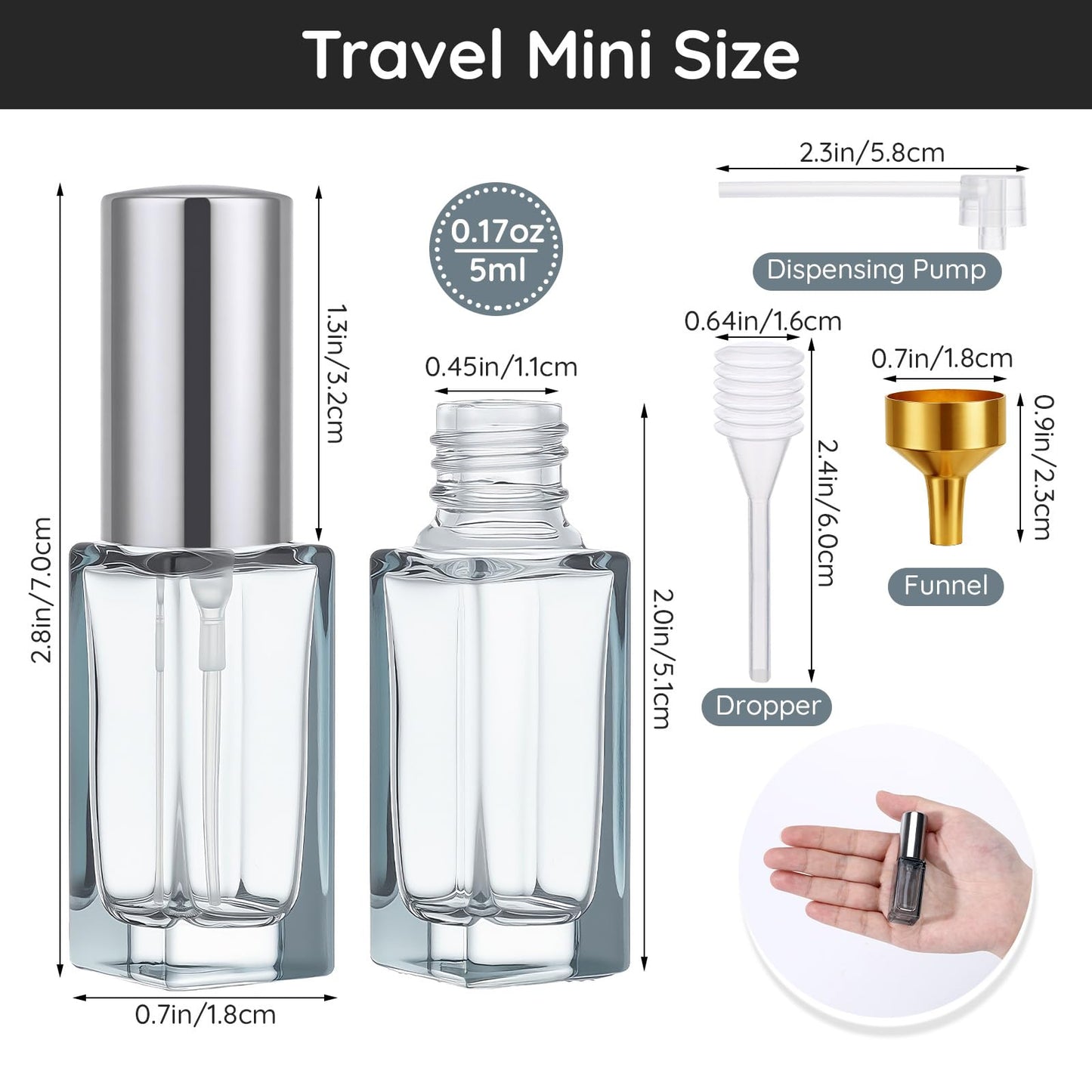 Segbeauty 10pcs 0.17oz Bulk Mini Glass Spray Bottles Empty, Gray Portable Glass Perfume Bottles Refillable, 5ml Fine Mist Travel Perfume Atomizer, Small Travel Cologne Sprayer Bottle with Refill Kit