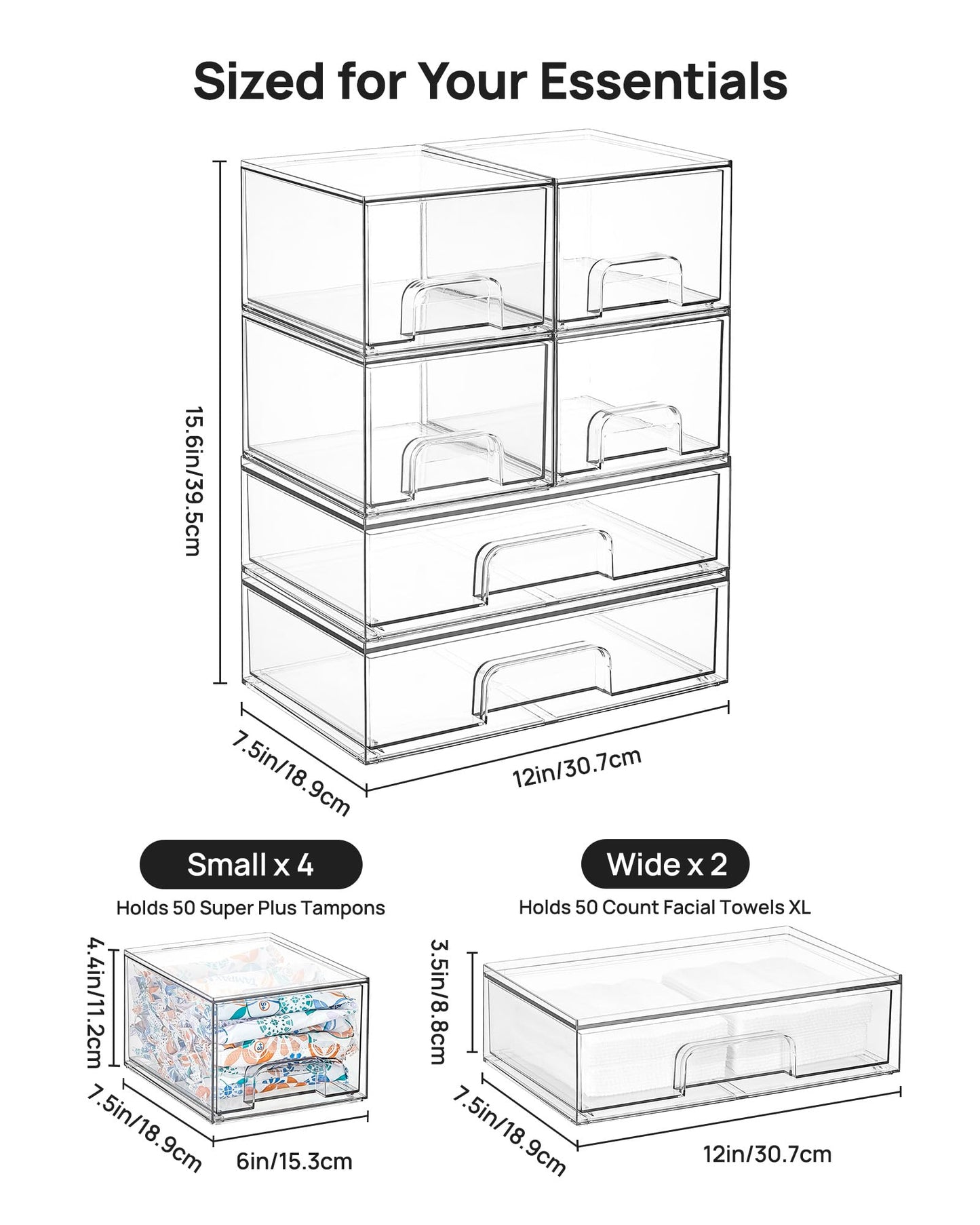 Vtopmart Stackable Storage Drawers Set of 6, Clear Plastic Organizer Bins for Bathroom Supplies, Ideal for Cabinet,Shelf, Pantry, Laundry Room Organization