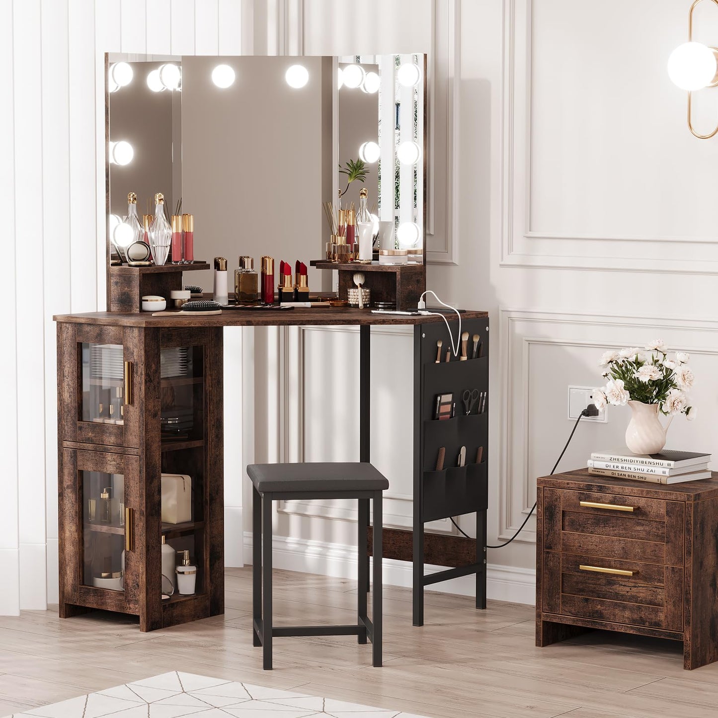 Garvee Corner Vanity Desk and Stool, Corner Makeup Vanity with Light Bulbs Mirror Charging Station and Cabinet for Bedroom, Brown