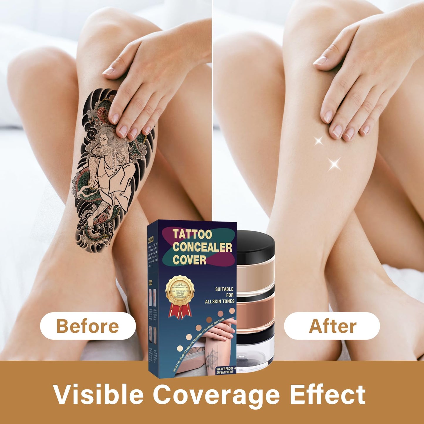 Tattoo Cover Up Makeup Waterproof, 2-Color Tattoo Concealer, Long Lasting Sweatproof Concealers and Neutralizing Makeup for Body, Naturally Cover Tattoos, Spots