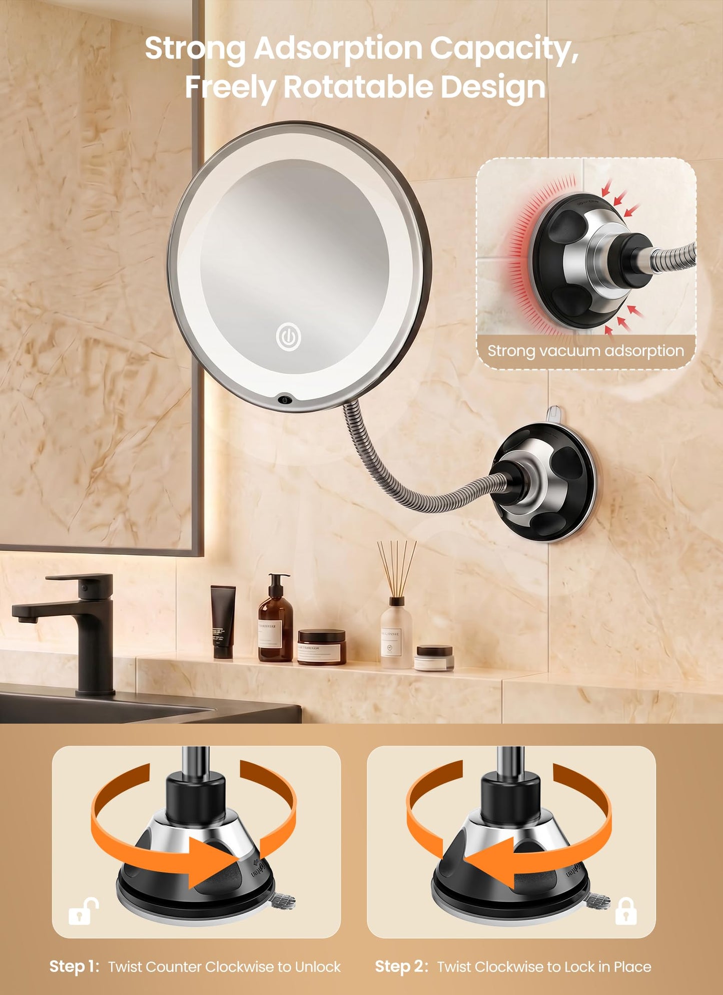 Brightown 10x Makeup Mirror with Lights and Magnification,Flexible Gooseneck Magnifying Mirror with 3 Lighting and Adjustable Brightness,Battery Operated with Suction Cup for Bathroom Bedroom, Black