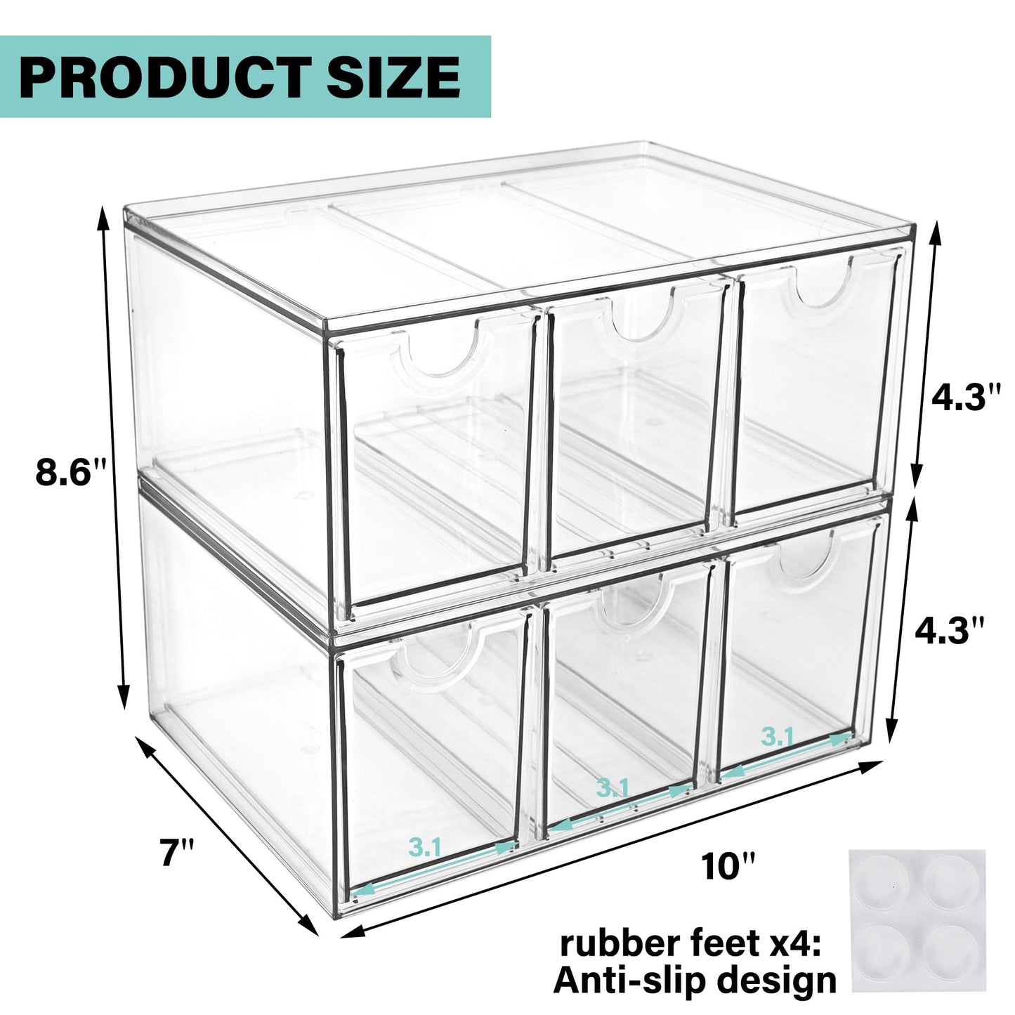 Prsildan Acrylic Makeup Organizer, 2 Pack Stackable Storage Drawers with 6 Drawers for Office Desk Vanity Craft Room Clear Drawer Organizers for Hair Accessories Art Supplies Cosmetics Modular System