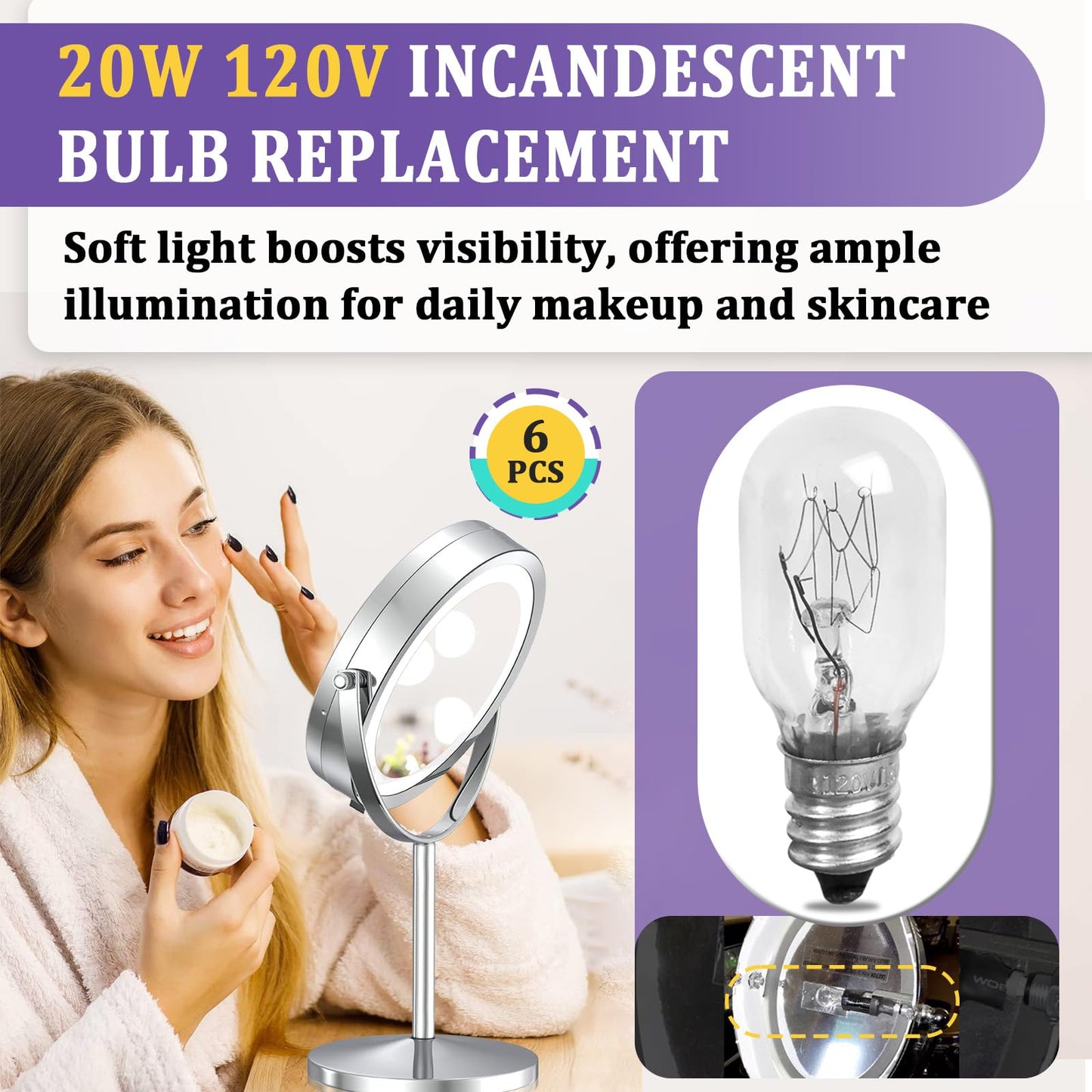 Kamrexi 6PCS 20W 120V Clear Incandescent Bulb Replacement Compatible with Conair RP34B Makeup Mirror Bulbs, 2700K White Light, E12 Candle Base