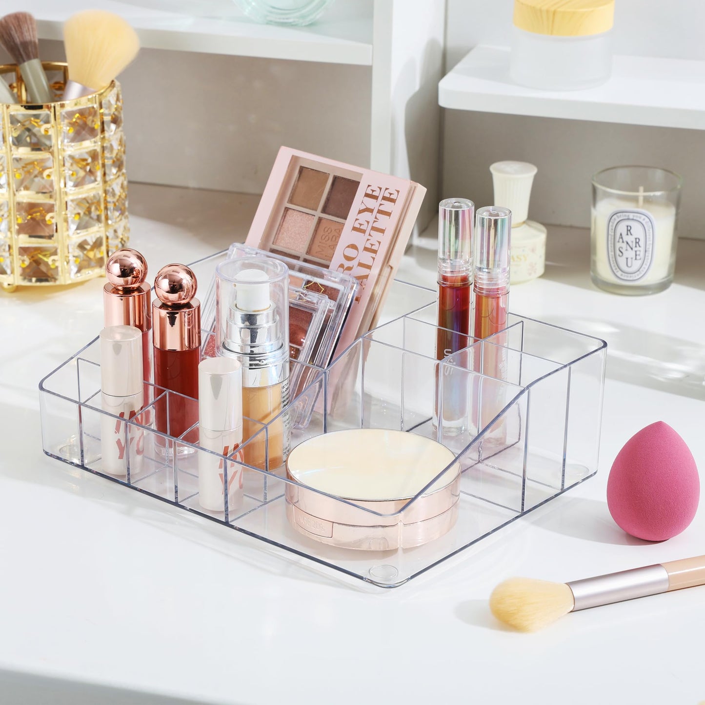 Vtopmart 1 Tier Clear Plastic Makeup Organizer with Drawer, Cosmetic Storage for Dresser Countertop and Bathroom Vanity, Beauty Holder for Lipstick Brush Skincare