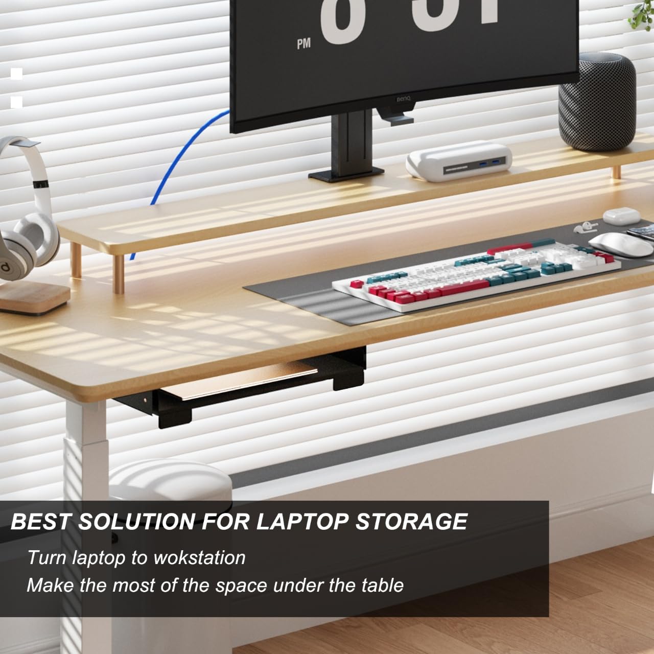 Gaxomo 20 Inch Under Desk Mounted Sliding Loptop Drawer, Desktop Extension Pull-Out Laptop Tray for Office Desk, Extra Storage Organizer for Sit Stand Workstation