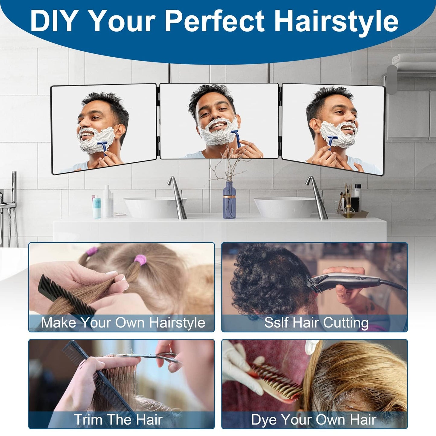 LMZNXCZ 3 Way Mirror for Self Hair Cutting,360 Haircuts Men for Barber Use Tools,to See Back of Head,Tri Fold Mirror with Portable Height Adjustable Telescoping Hooks (6.7" x 10.8")