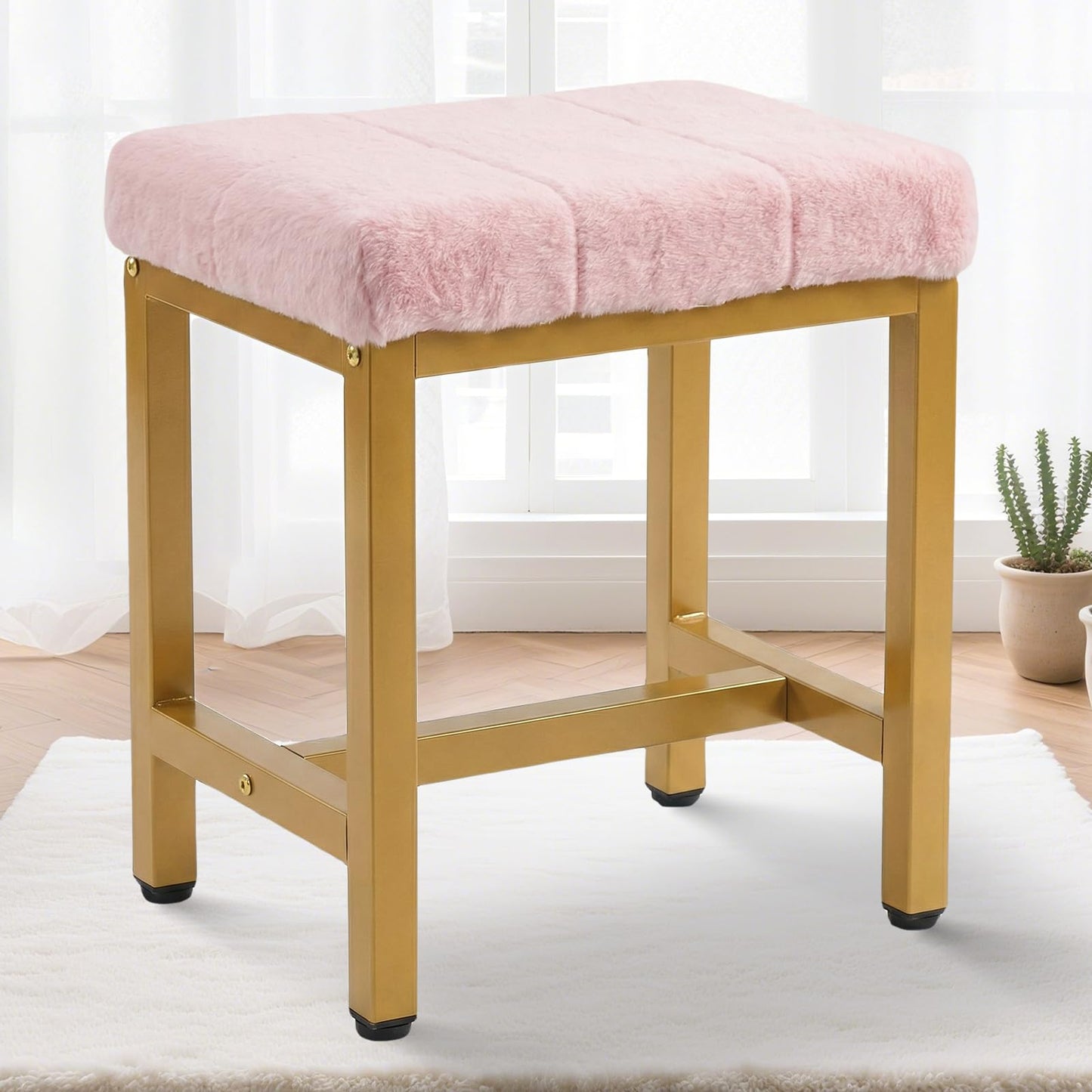 FLYZC Vanity Stool Chair, Square Faux Fur Makeup Chair with Metal Legs, Cute Small Ottoman Vanity Bench, Foot Stool Chair for Vanity for Bedroom, Living Room, Bathroom, Pink & Gold