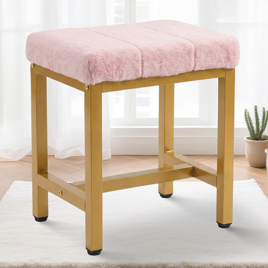 FLYZC Vanity Stool Chair, Square Faux Fur Makeup Chair with Metal Legs, Cute Small Ottoman Vanity Bench, Foot Stool Chair for Vanity for Bedroom, Living Room, Bathroom, Pink & Gold