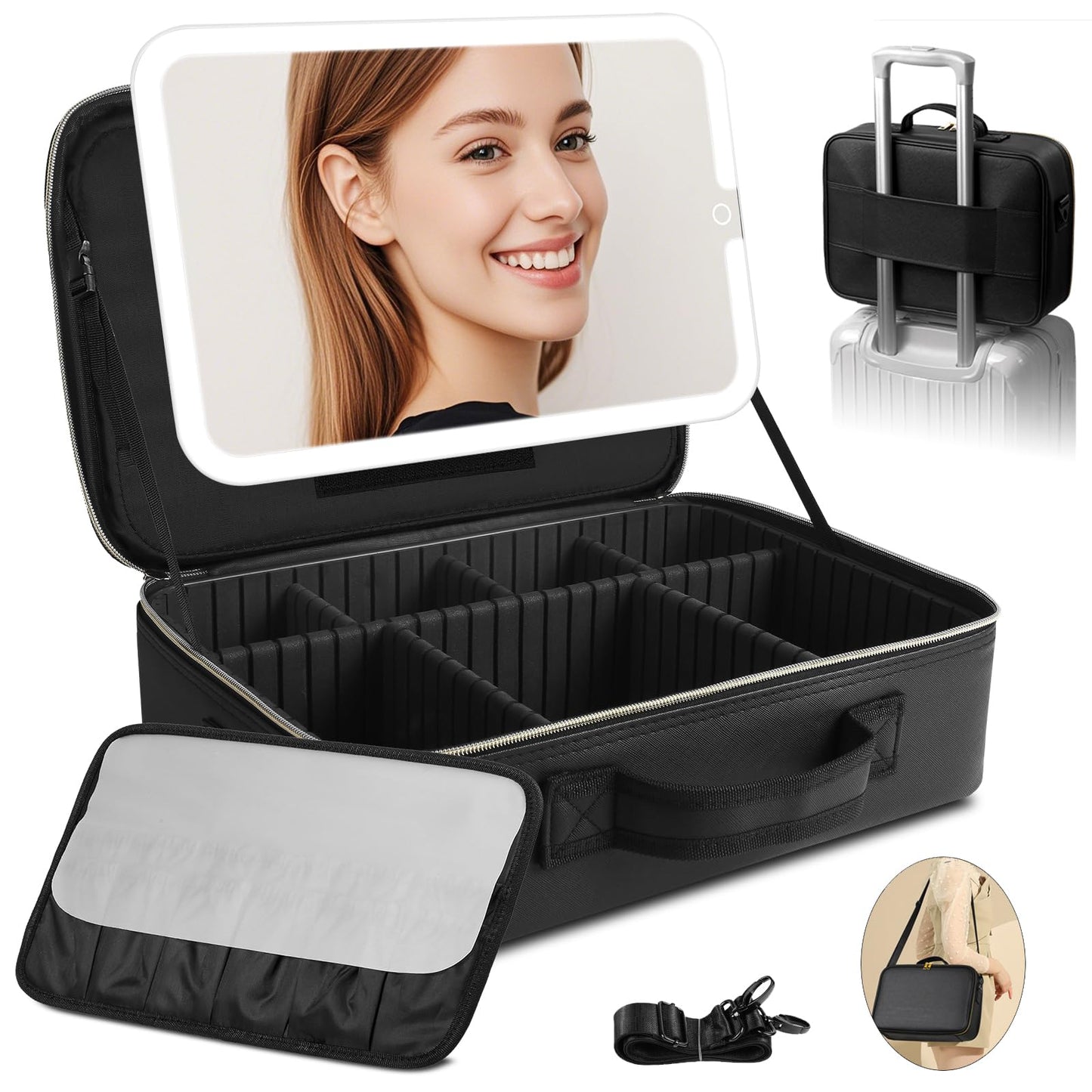 Suupvaor 15''X11'' Large Makeup Bag with Removable Lighted Mirror, Professional Travel Makeup Train Case PU Leather Cosmetic Make up Organizer with Adjustable Dividers & Brush Storage Board
