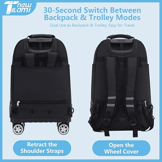 NEW TILAMI 19 Inch Rolling Backpack 360°rotating Universal Wheel, Large Organizer Compartments, Adjustable Handle, Carry on for School Students Business Travel, Misty Blue Forest