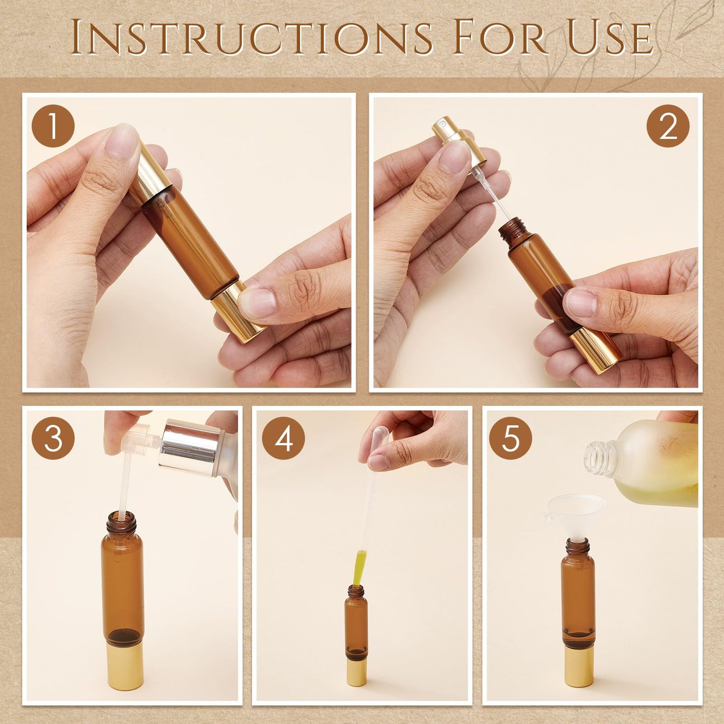 Domensi 20 Pack Dual-head Perfume Roller Bottles, 10ml Travel Refillable Bottles with Roller Ball & Spray for Essential Oils & Cologne, Leakproof Travel Atomizer with Funnel Tool(Amber)