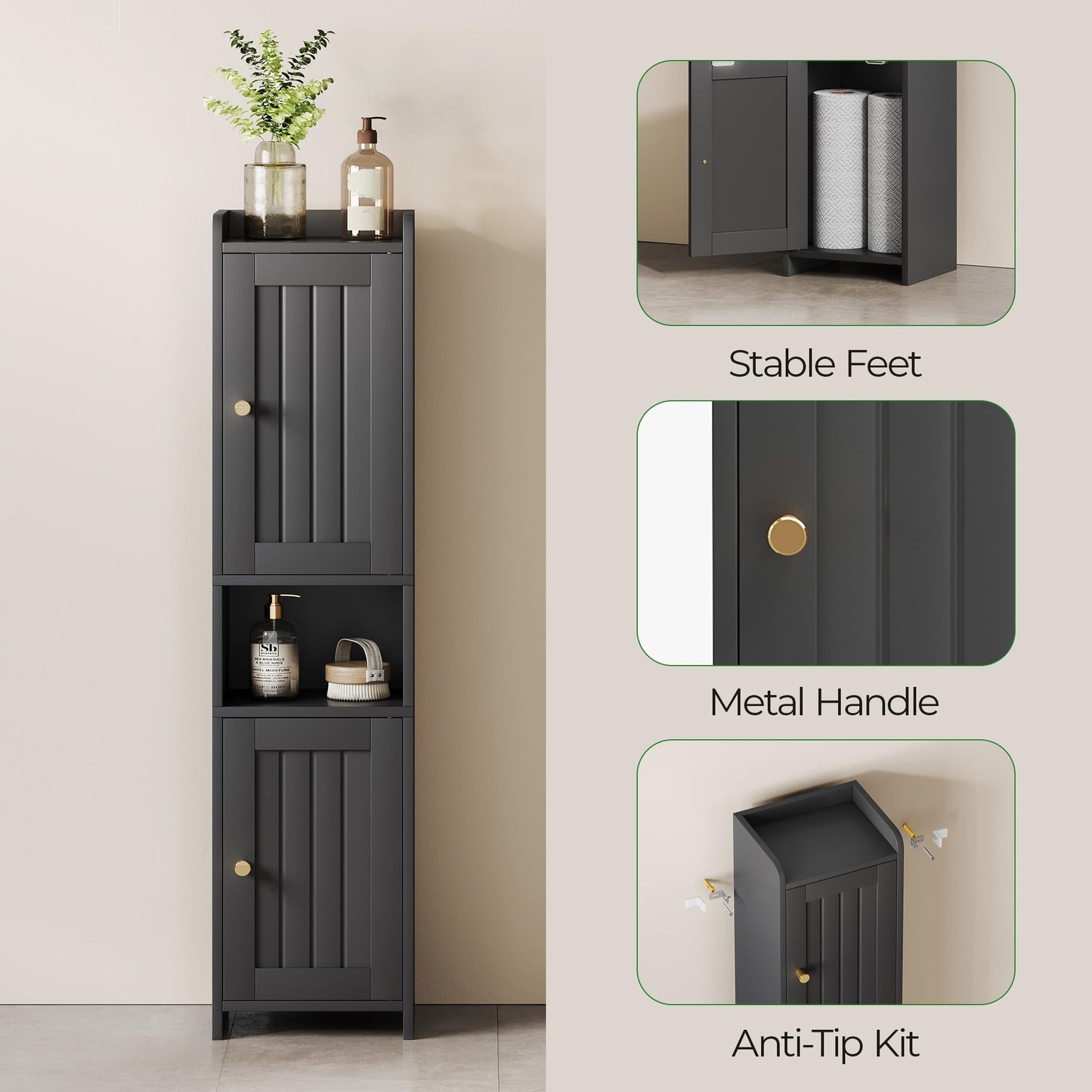 GLANZALANT Bathroom Cabinet with 2 Doors, 7.3 x 9.8 x 40.4 Inches, Small Freestanding Storage Cabinet with Adjustable Shelf, Floor Cabinet for Small Spaces, Bathroom, Entrances, Kitchen, Black