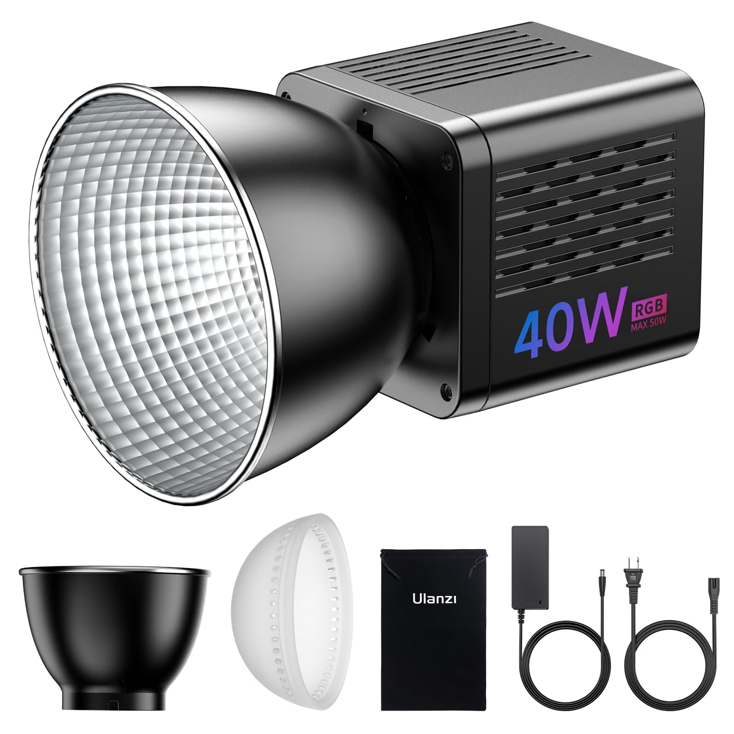 ULANZI 40W Pro RGB Portable LED Video Light w DC Power Adapter, 3400mAh Build-in Battery Metal Mini Adjustable Color Temperature COB Continuous Output Lighting Handheld Spotlight 2500K-6500K for Video