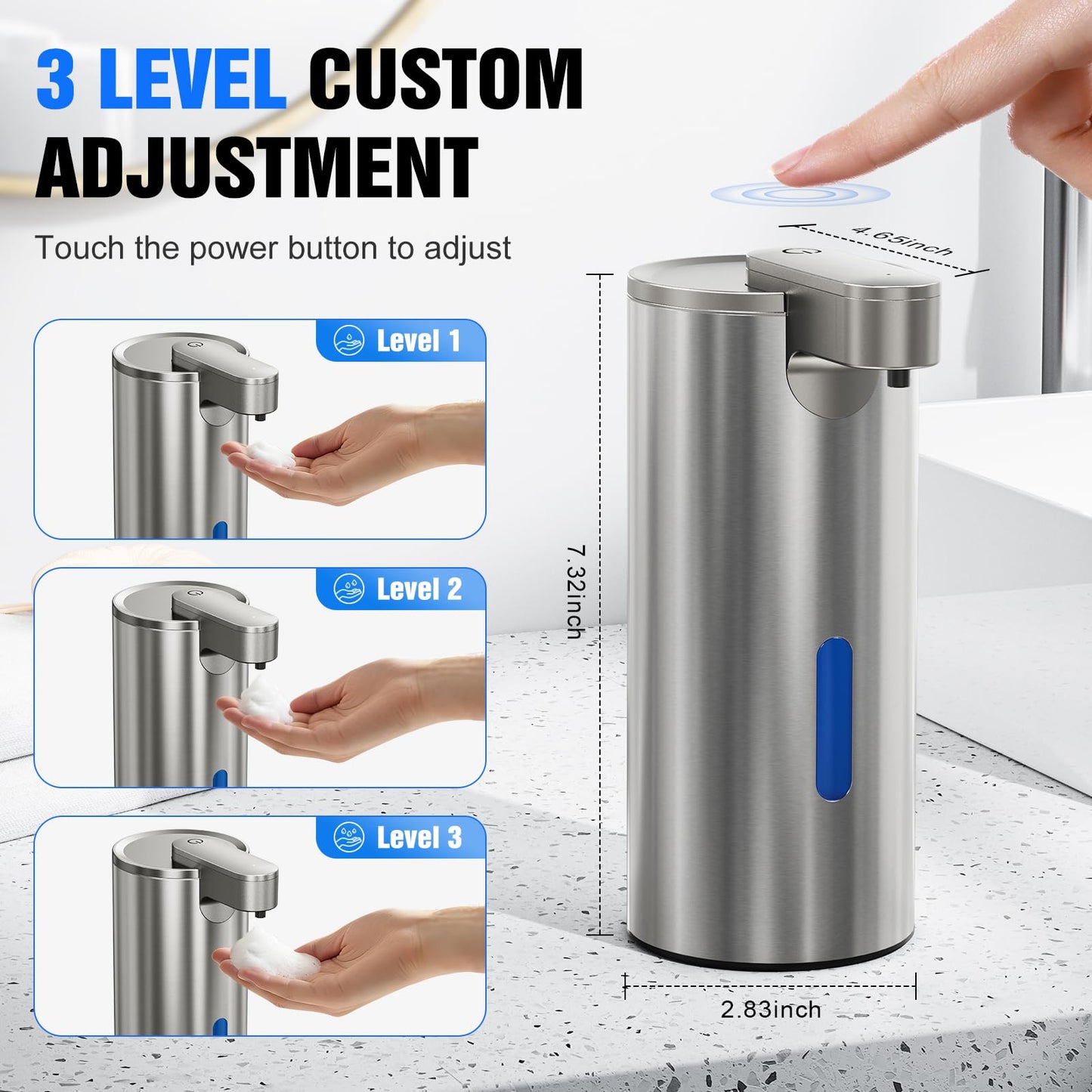 Fantictas Touchless Foaming Soap Dispenser, Stainless Steel Automatic Foam Soap Dispenser, USB-C Rechargeable Sensor Pump with 3 Adjustable Levels, 11.5 oz for Bathroom & Kitchen