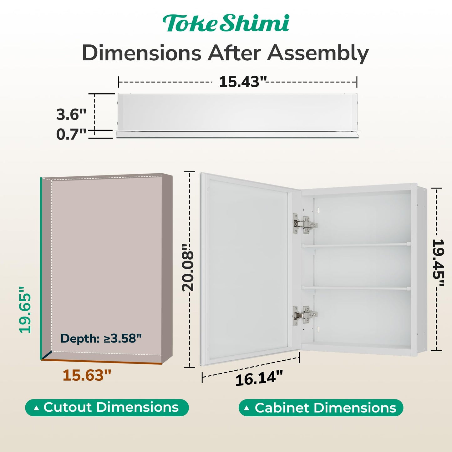 TokeShimi 16 x 20 Mirrored Medicine Cabinet, Tempered Beveled Mirror, White Medicine Cabinet with Mirror, Assembly Required, Stepless Adjustable Shelves, Recessed/Wall Mount