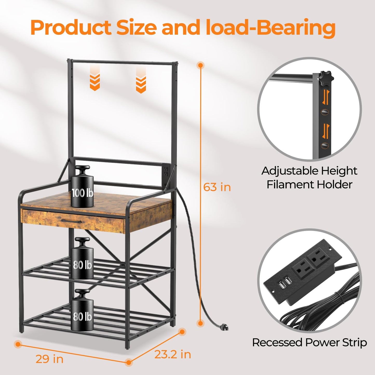 Anrigeail 3D Printer Stand with Power Hub and Top Storage Shelf – Heavy Duty X-Bracket Stability, 3-Tier Storage & Tool Organizer for Workshop and Office