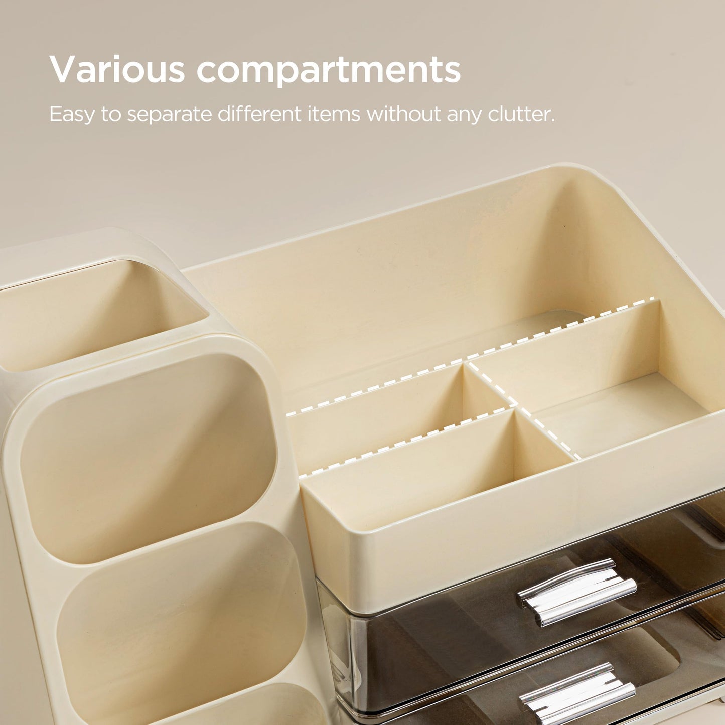 HBlife Makeup Organizer with Brush Holder for Vanity, Large Plastic Bathroom Countertop Organizer Skin Care Storage, Easy to Store Lipsticks, Nail Polishes, Perfumes, Eyeshadow Palettes, Beige