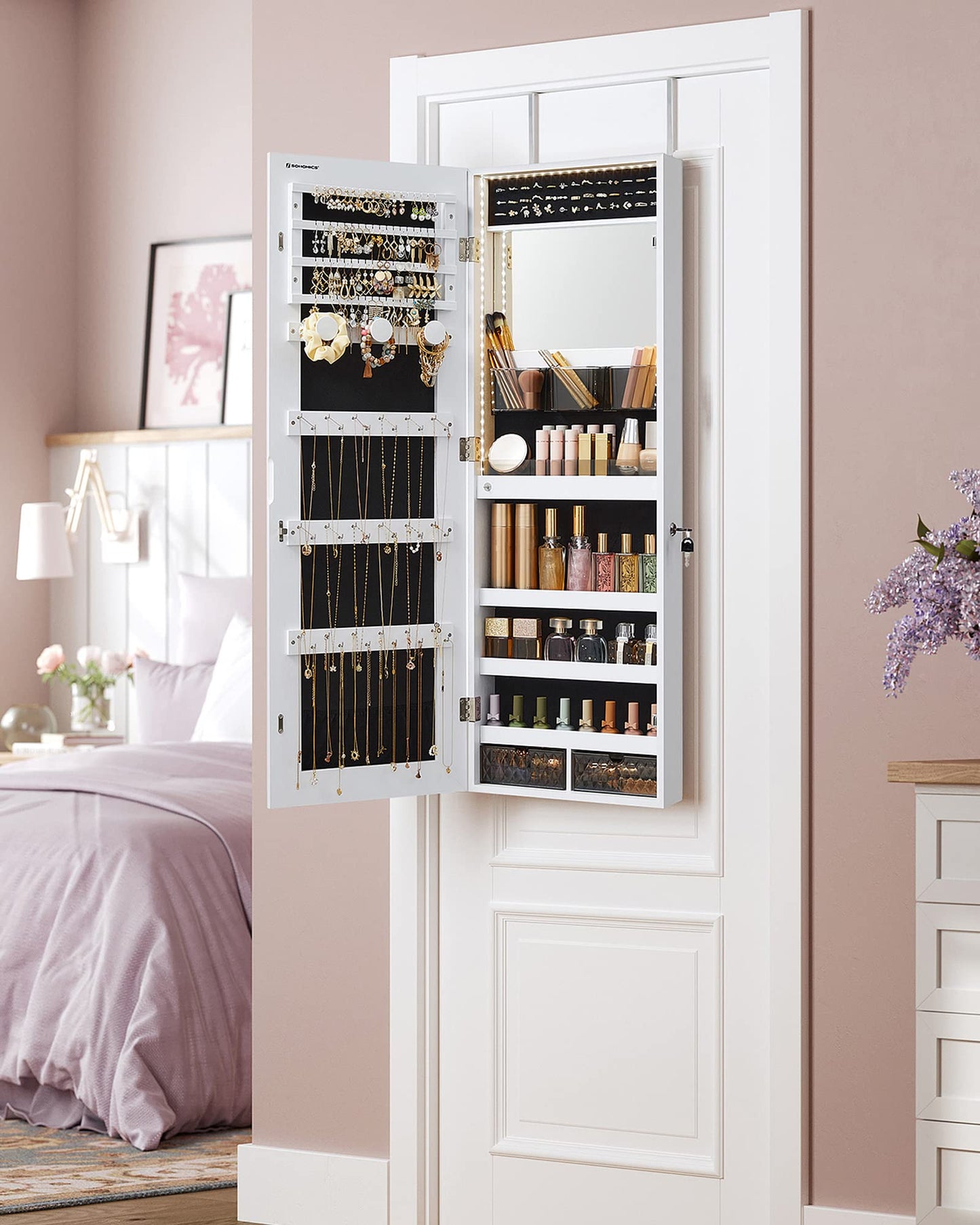 SONGMICS Mirror Jewelry Cabinet Armoire Organizer, Wall or Door Mount Storage Cabinet with Full-Length Frameless Lighted Mirror, Built-in Makeup Mirror, 2 Drawers, Lockable, White UJJC013W01