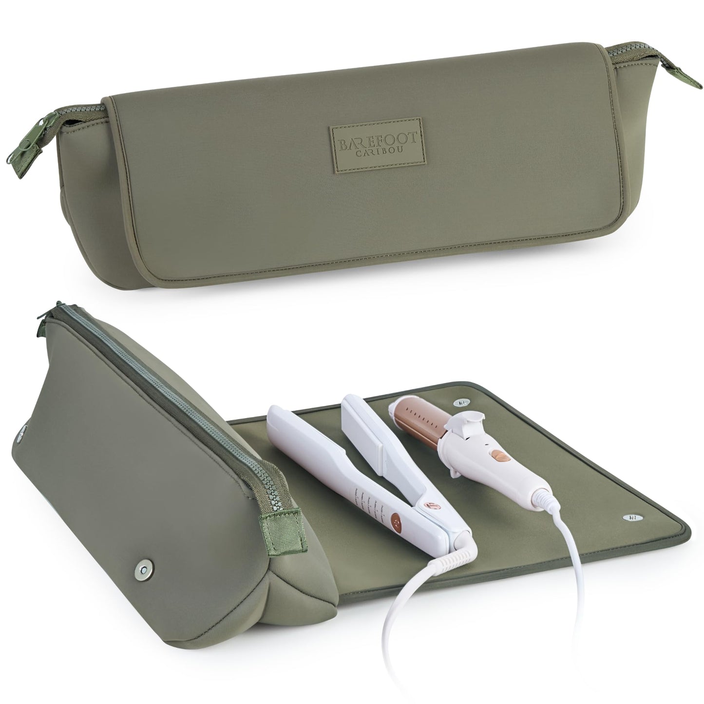 BAREFOOT CARIBOU Hair Tools Travel Bag and Heat Resistant Mat (15.5") for Flat Irons, Straighteners, Curling Iron, Haircare Accessories, 2-in-1 design, Interior Pockets, Portable Organizer (Olive)