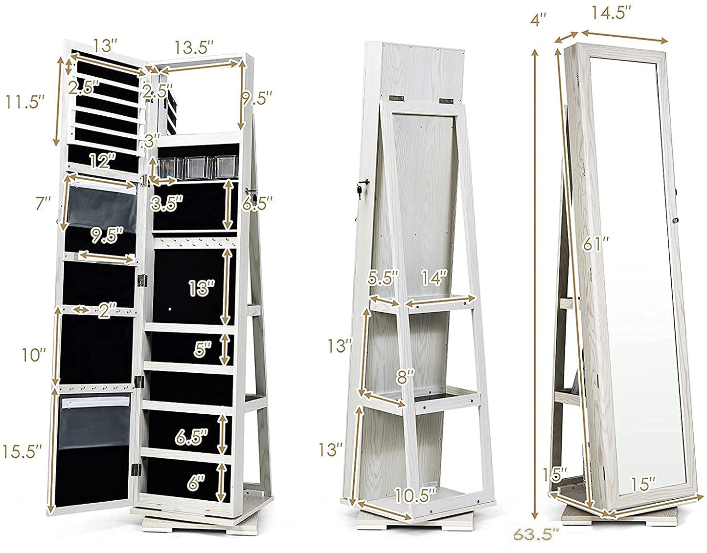 Hysache 360 Rotating Mirrored Jewelry Cabinet, Free Standing Jewelry Armoire, 2-in-1 Lockable Large Capacity Jewelry Organizer w/Full Length Mirror, Inside Makeup Mirror, 78 Ring Slots(WH)