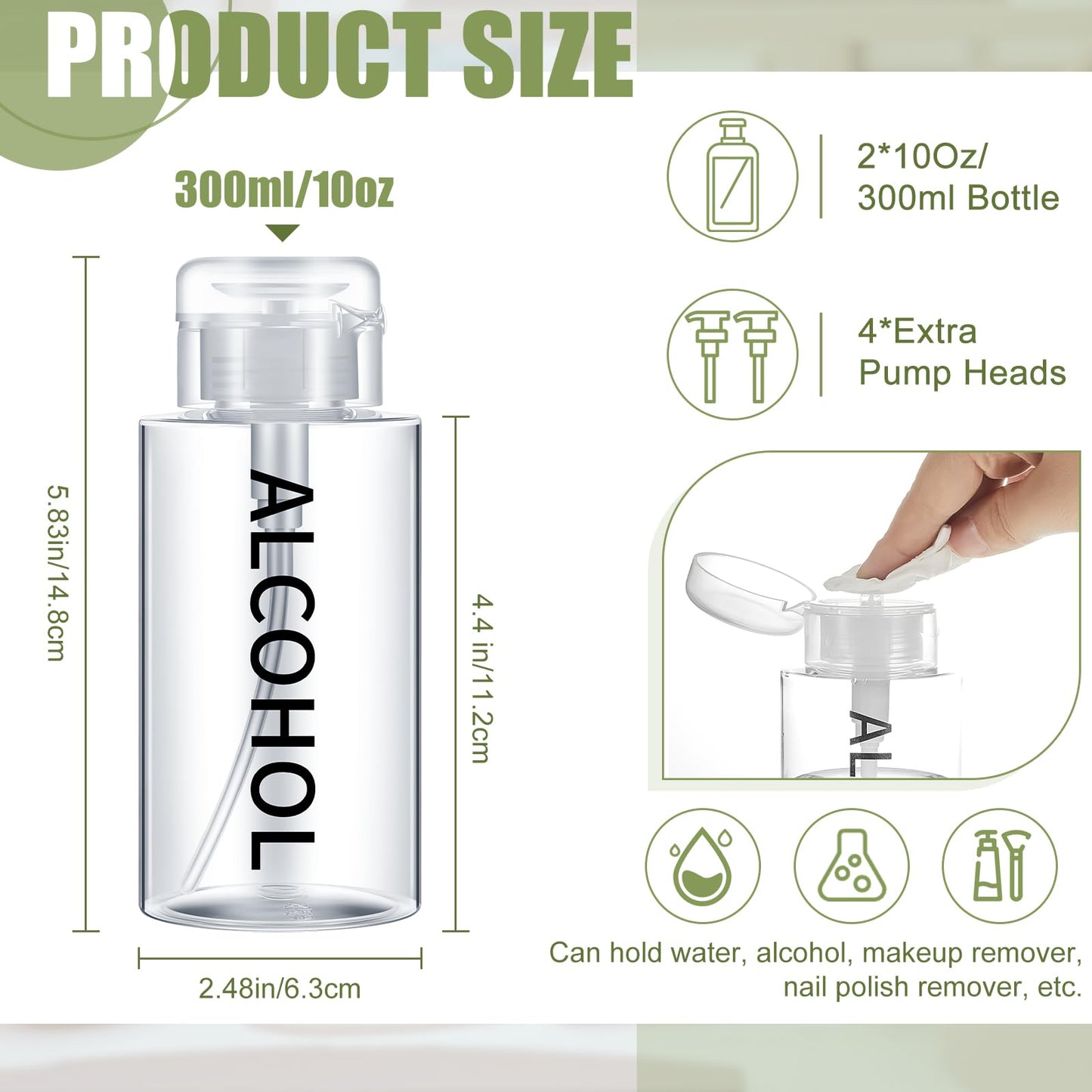 Layhit 2 Pcs 10 oz / 300 ml Alcohol Pump Dispenser Bottle with Extra 4 Pump Heads, Refillable Push Down Liquid Container for Salon, Nail Care, Hospital and Personal Use