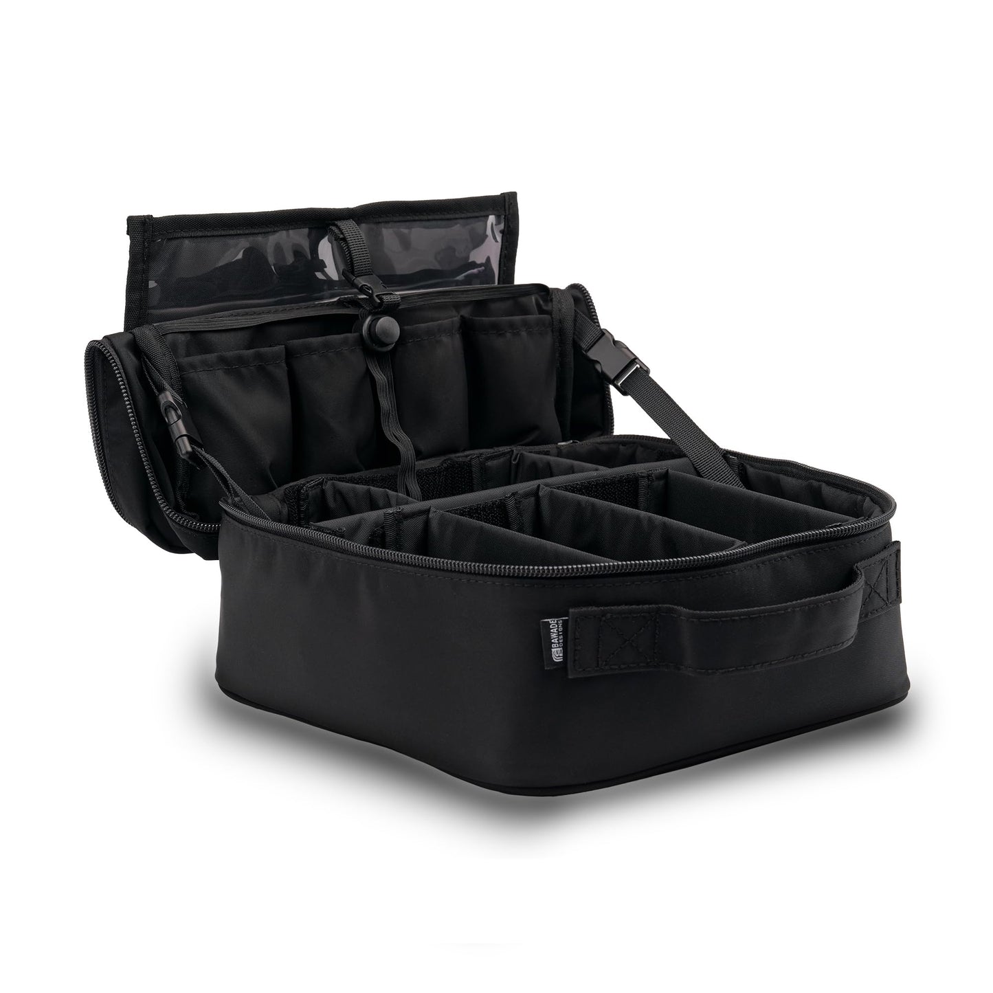BAWADE Travel Makeup Bag with Brush Compartment, Cosmetic Organizer with Adjustable Dividers, Wide-Open Design, Portable Makeup Case with Handle and Luggage Strap for Women, Black