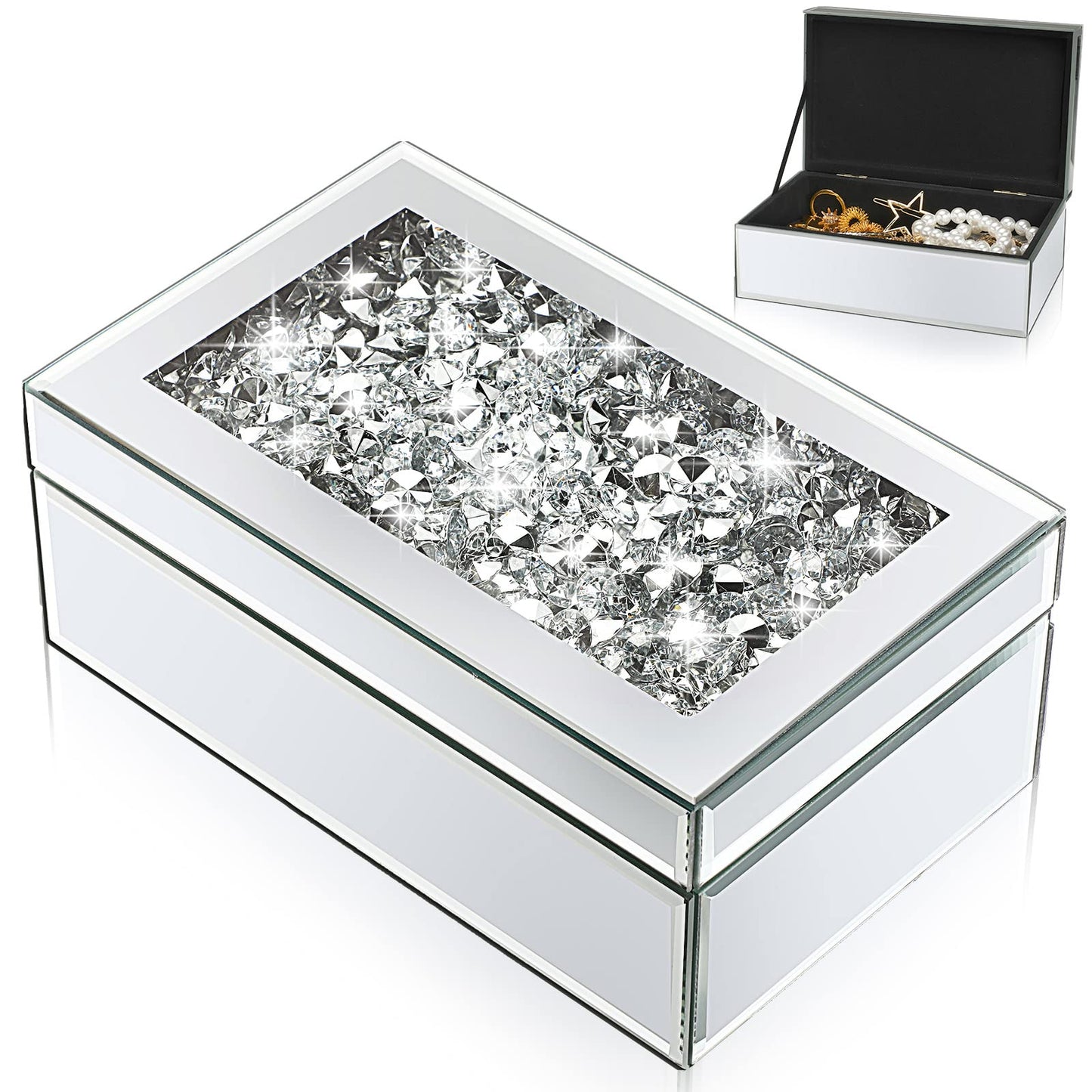 Kenning Luxury Silver Crushed Diamond Jewelry Box, Mirrored Glass Organizer for Women, Sparkly Keepsake Storage for Rings, Earrings & Necklaces, Elegant Vanity Decor