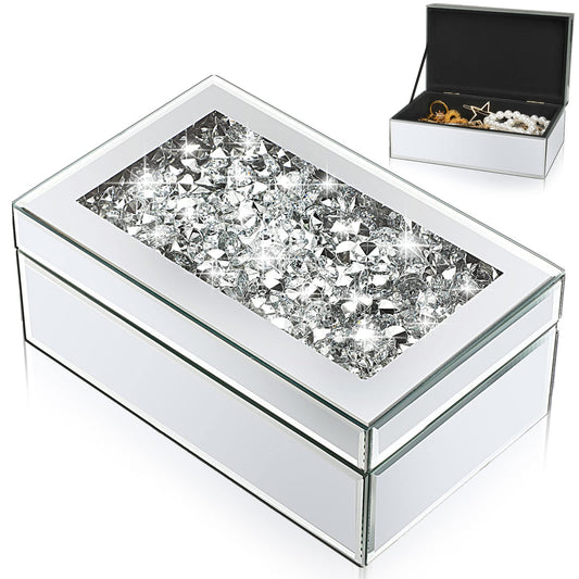 Kenning Luxury Silver Crushed Diamond Jewelry Box, Mirrored Glass Organizer for Women, Sparkly Keepsake Storage for Rings, Earrings & Necklaces, Elegant Vanity Decor
