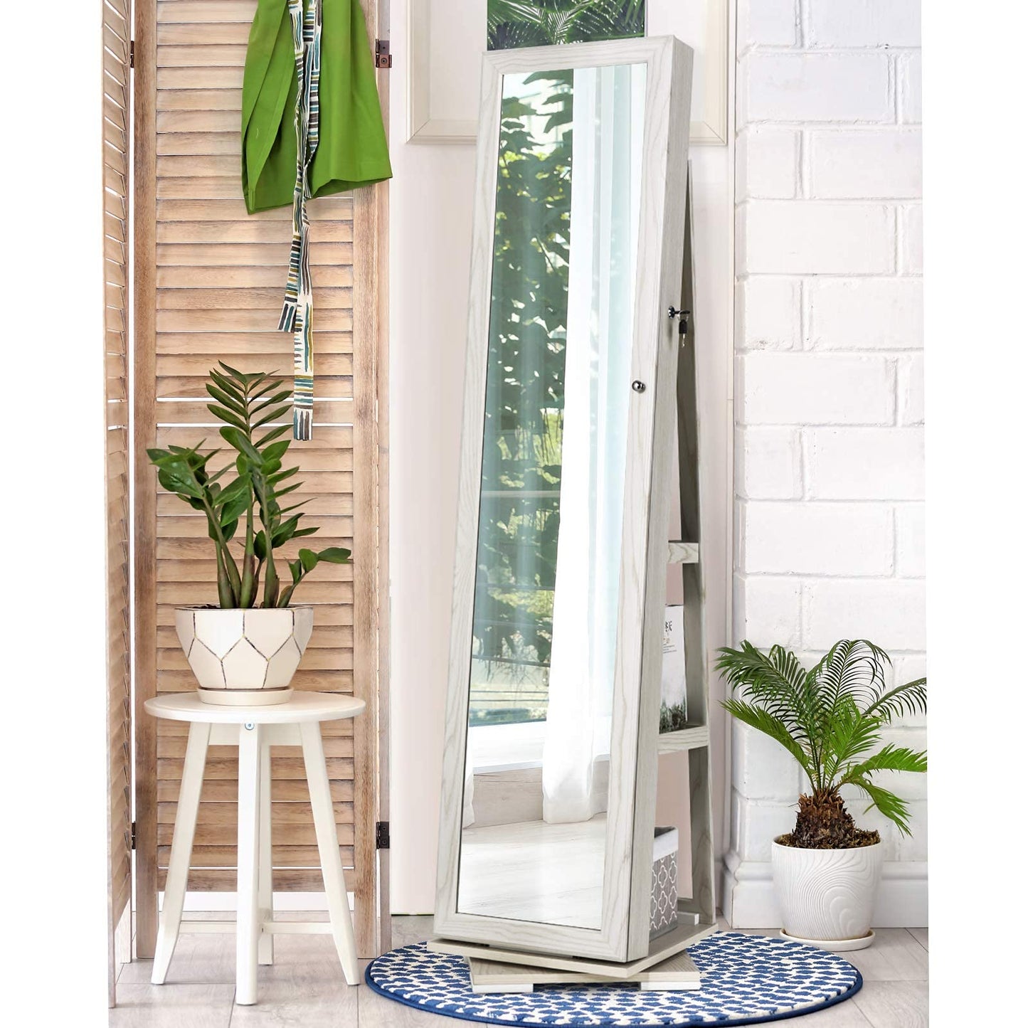 Hysache 360 Rotating Mirrored Jewelry Cabinet, Free Standing Jewelry Armoire, 2-in-1 Lockable Large Capacity Jewelry Organizer w/Full Length Mirror, Inside Makeup Mirror, 78 Ring Slots(WH)