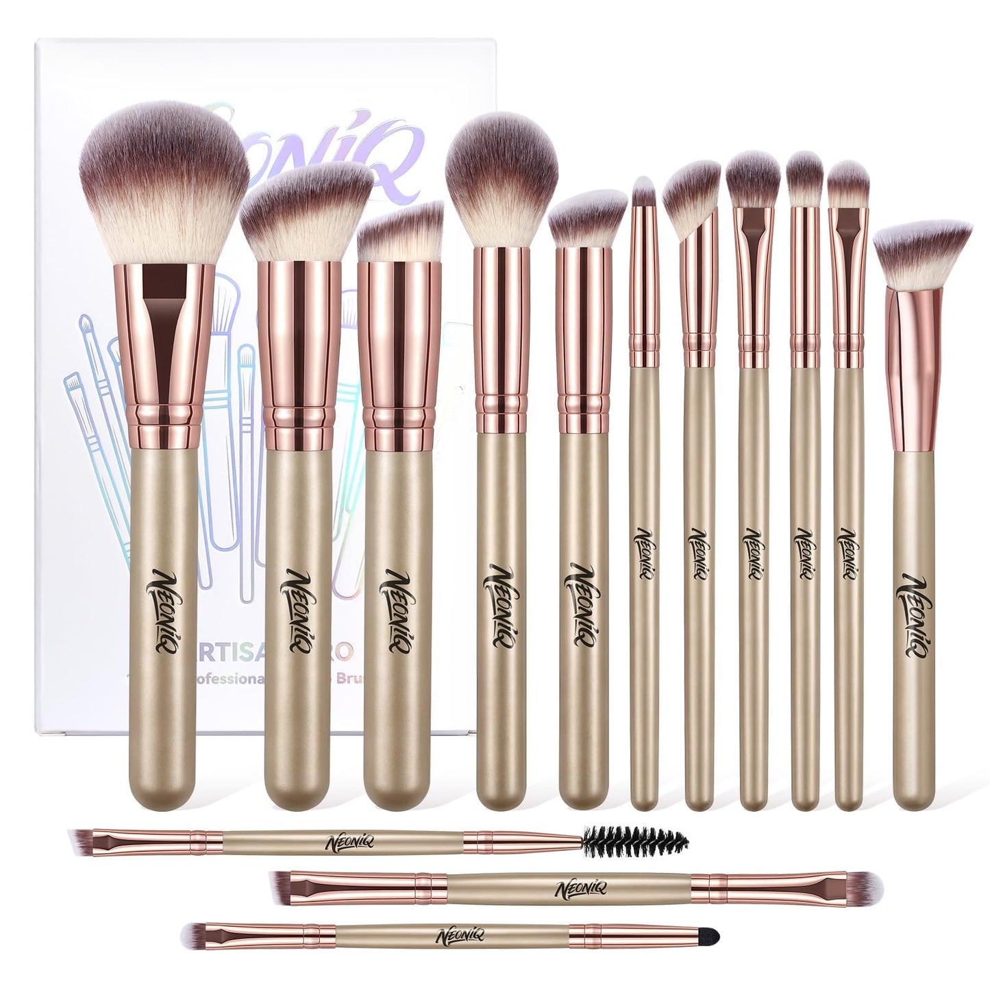 NEONIQ 14 PCS Professional Makeup Brushes, Makeup Brush Set, Foundation Powder Blending Concealer Eyeshadows Blush Cosmetics Brushes(Gold)