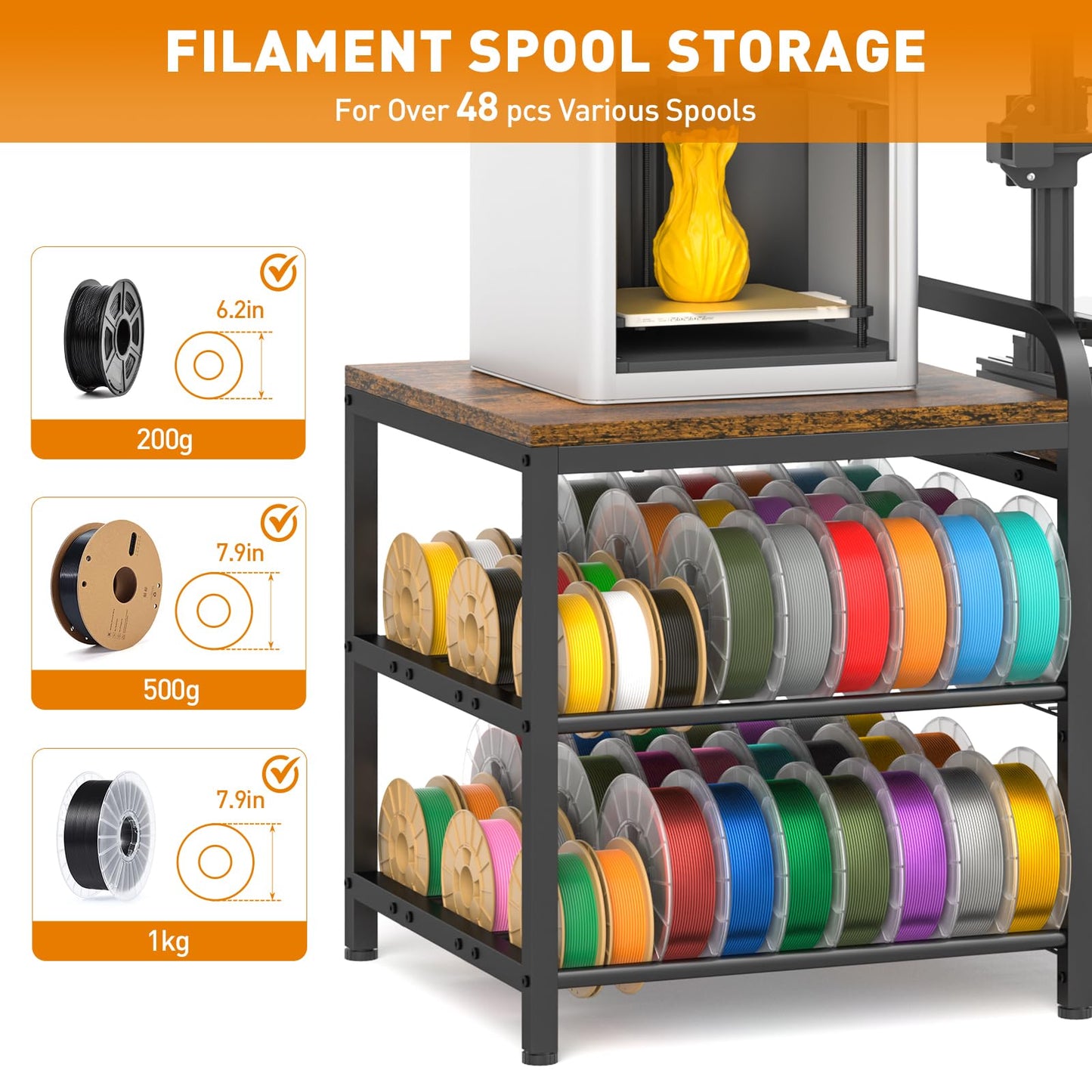 ikkle 3D Printer Table with Filament Storage Rack, Heavy Duty 3D Printer Stand with Power Outlet, 4-Tier 3D Print Desk & Filament Organized for Home Offices, Workshop, Studio (Brown)