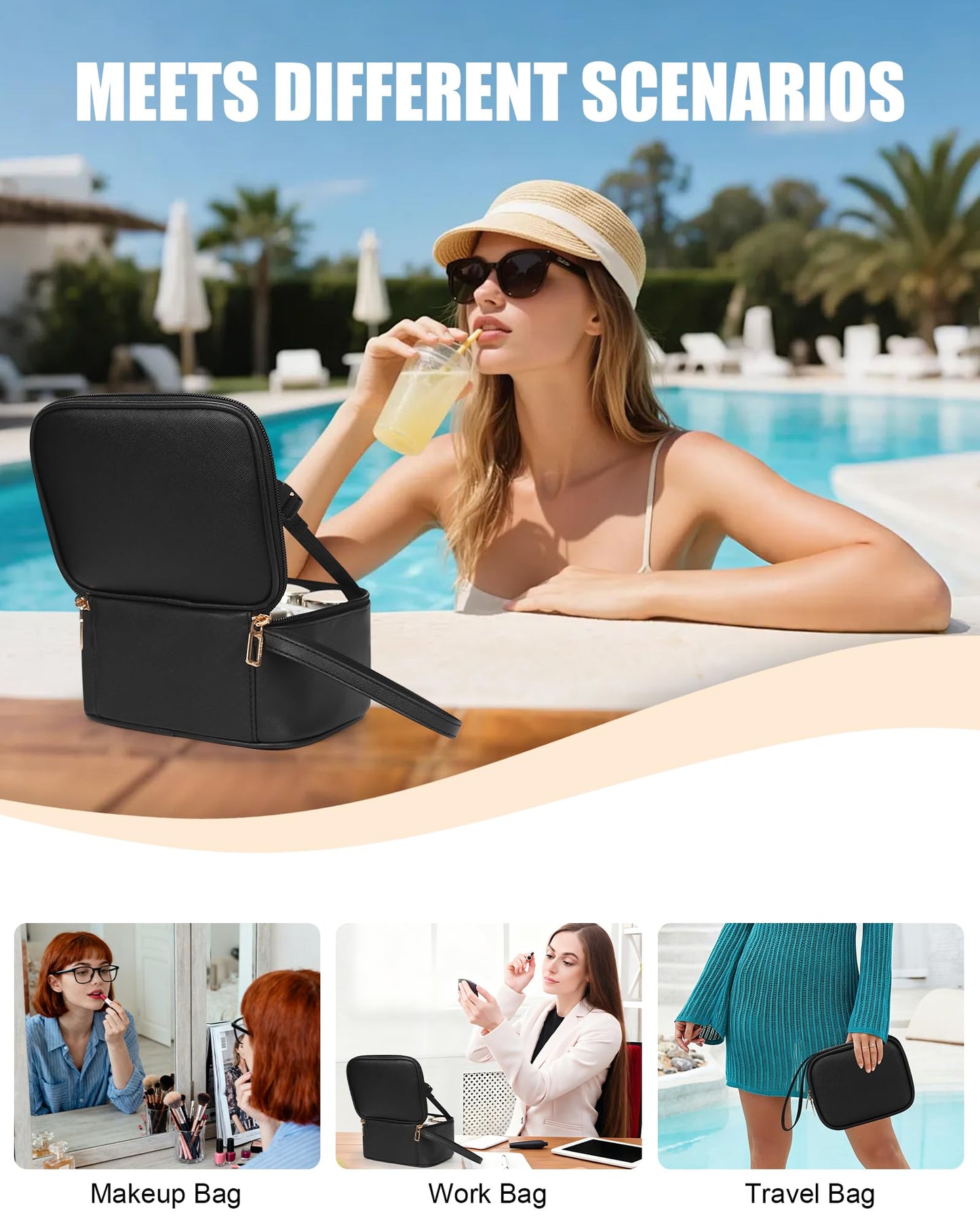 Relavel Small Makeup Bag with Led Mirror, Travel Cosmetic Case with 3 Light Modes and Adjustable Brightness, Foldable Makeup Pouch with Toiletries for Daily Use丨Work Touch-Ups丨Camping - Black