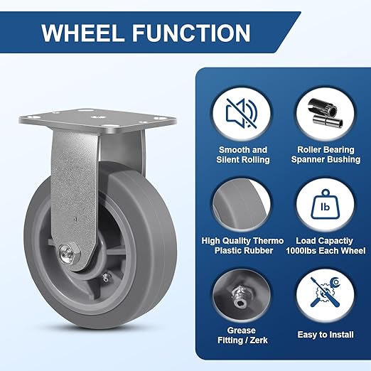 6 Inch Rubber Wheels (Flat Tread)- Heavy Duty Casters, Industrial Caster Wheels- with up to 1000 LB Capacity- Use for Dollies, Utility and Maintenance Carts(12 Rigid)
