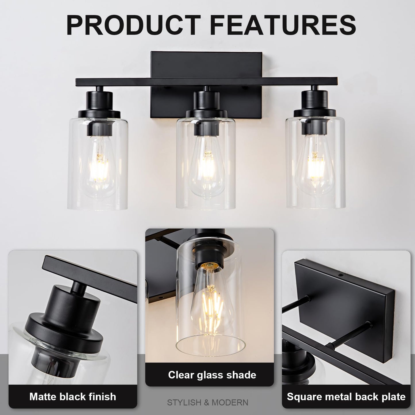HCCZ 3 Light Bathroom Light Fixtures Black Vanity Light Over Mirror Modern Farmhouse Wall Lighting Sconces Rustic Industrial Wall Lamp for Bathroom, Bedroom, Living Room E26 Socket with Glass Shade