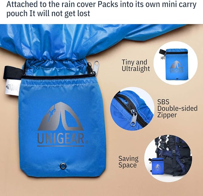 Unigear Backpack Rain Cover Waterproof Rating 5000mm Ultraportable and Durable with 2 Anti-Slip Buckle Strap, Integrated Carry Pouch Design (Blue, Large)