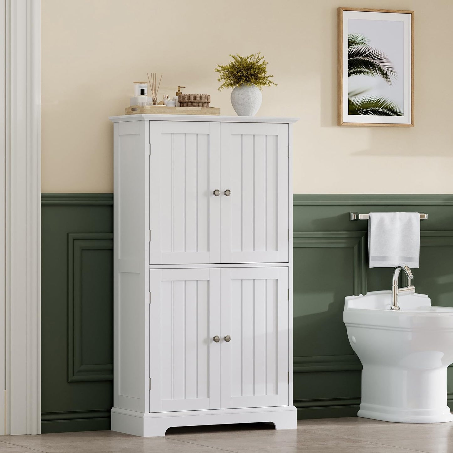 ChooChoo Bathroom Floor Cabinet, Modern Bathroom Storage Cabinet with 4 Doors and Adjustable Shelves, Freestanding Cupboard for Living Room, White