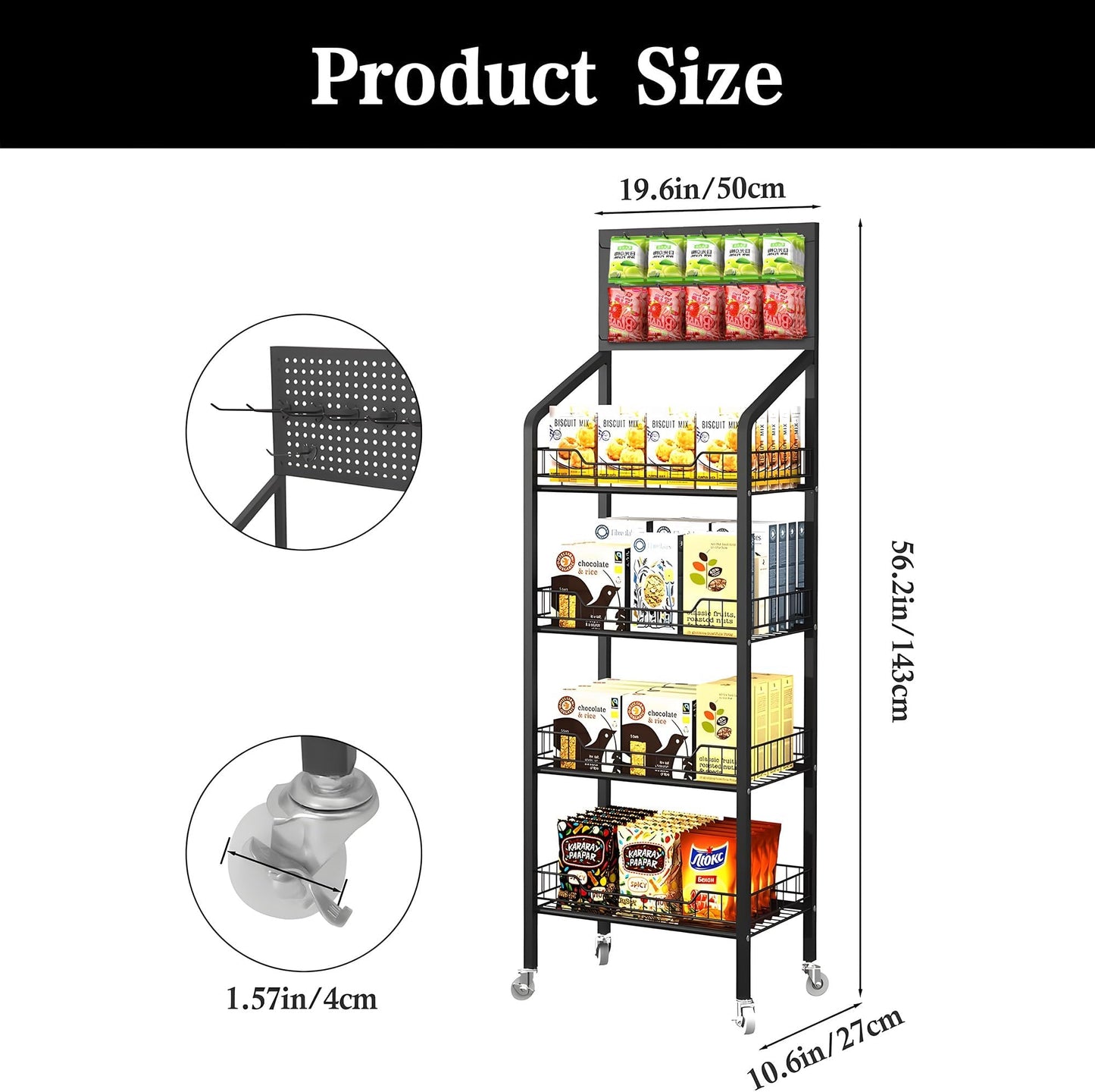 4-Tier Retail Snack Display Rack, Metal Snack & Candy Potato Chip Display Shelf Stand with Wheels & Hooks, Free-Standing Retail Display Shelves for Store, Supermarket, Convenience Store, Home Pantry & Kitchen Organizer, Black