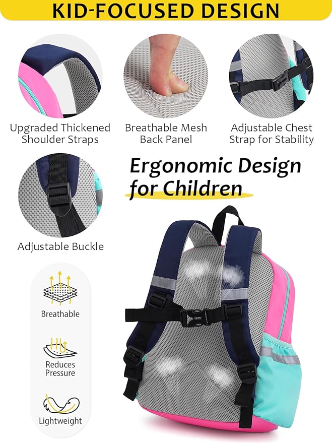 Kids Backpack for Boys Girls, Toddler Backpack for Preschool Kindergarten, 15inch Elementary School Bookbag with Reflective for Ages 6-8, Light Pink