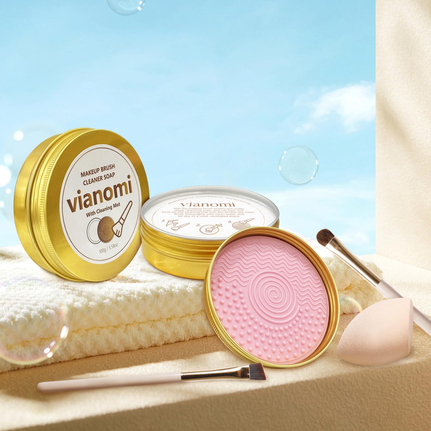 Litthap Coconut Oil Vegan Makeup Brush Cleaner Soap with 3-Zone Silicone Mat | Cruelty-Free Solid Cleanser for Blenders & Puffs