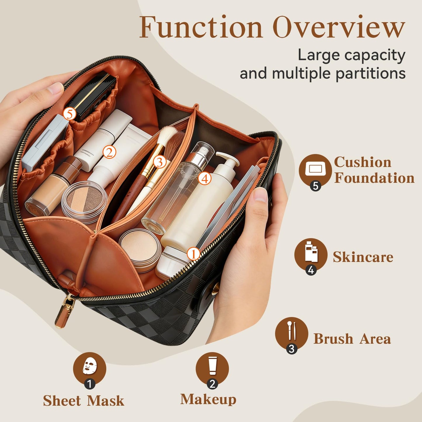 IDELCHOIS Travel Makeup Bag Large Capacity Cosmetic Bags for Women, Waterproof Toiletry Bag Open Flat Makeup Bag with Compartments and Handle, Portable Cosmetic Organizer Pouch, Diamond Black