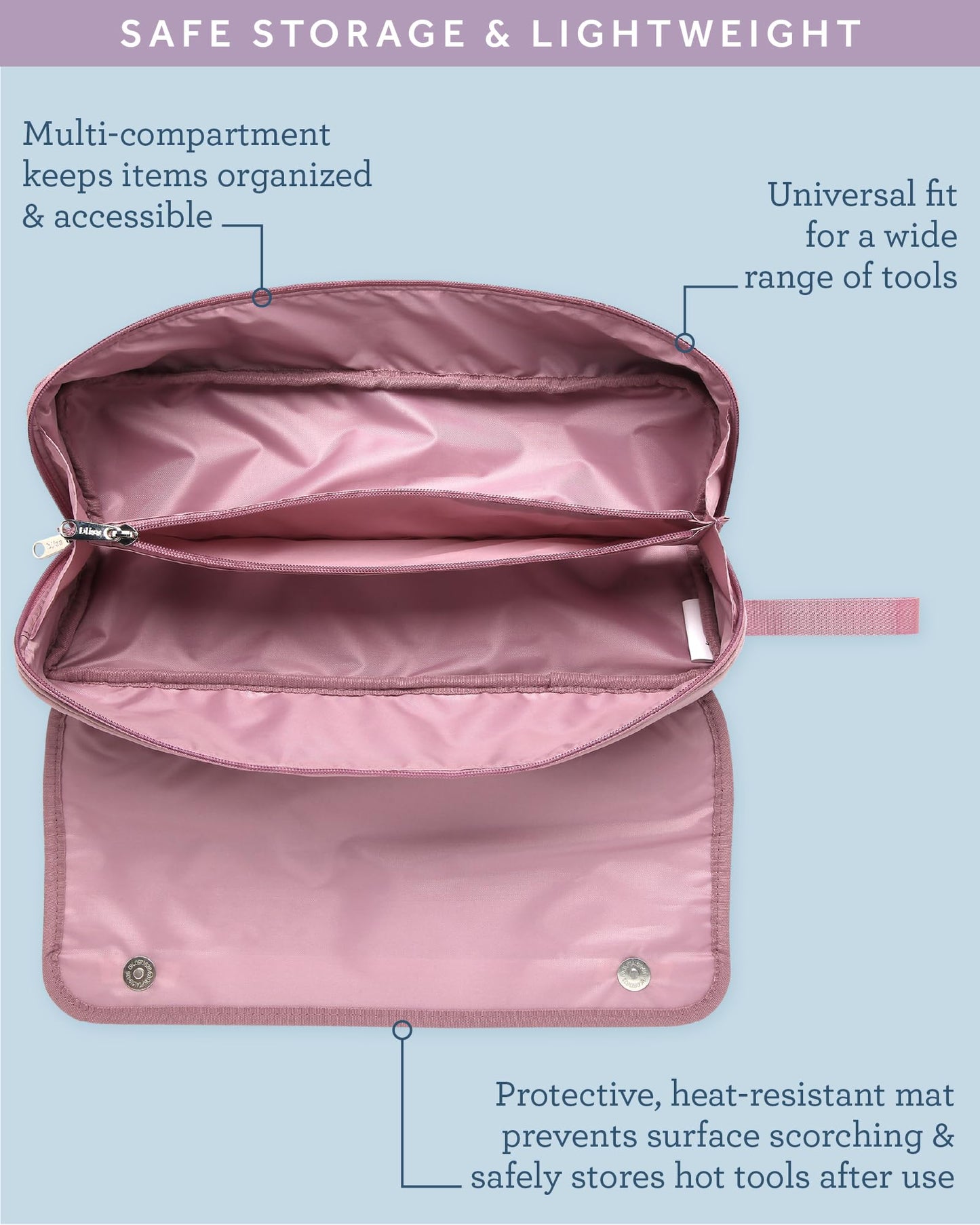 Bliss Womens Travel Heat Tool Bag - Lightweight Heat-Resistant Travel Case for Hair Dryer, Curling Iron, Hair Straightener & Styling Tools, Pink Gaze