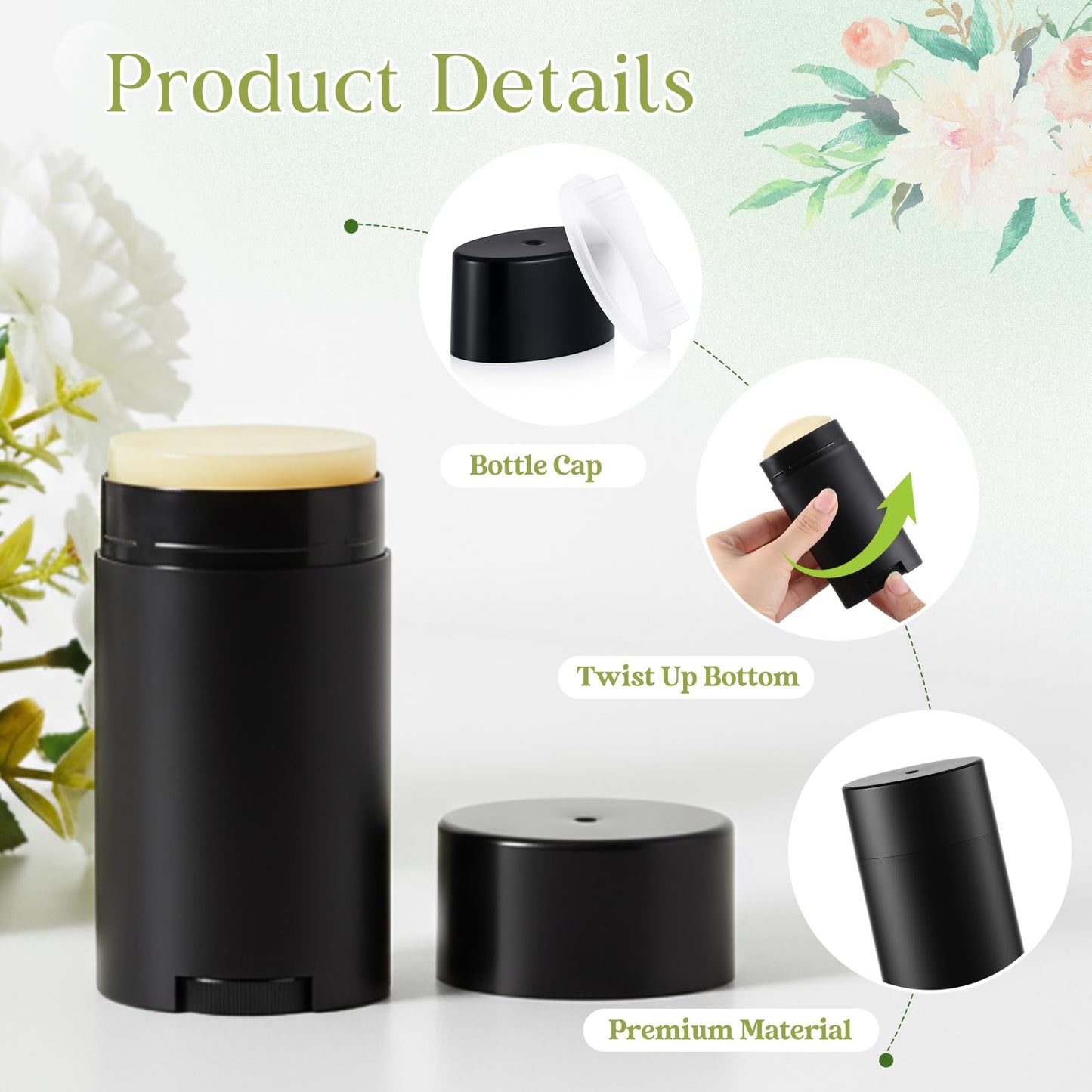 Teenyyou 30 Pack Empty Deodorant Containers, Bottom Filling, Plastic Oval Refillable Deodorant Containers Twist up Oval Lip Balm Tube for DIY Deodorants Lipstick Crayon Lotion(75ml/2.5oz,Black)