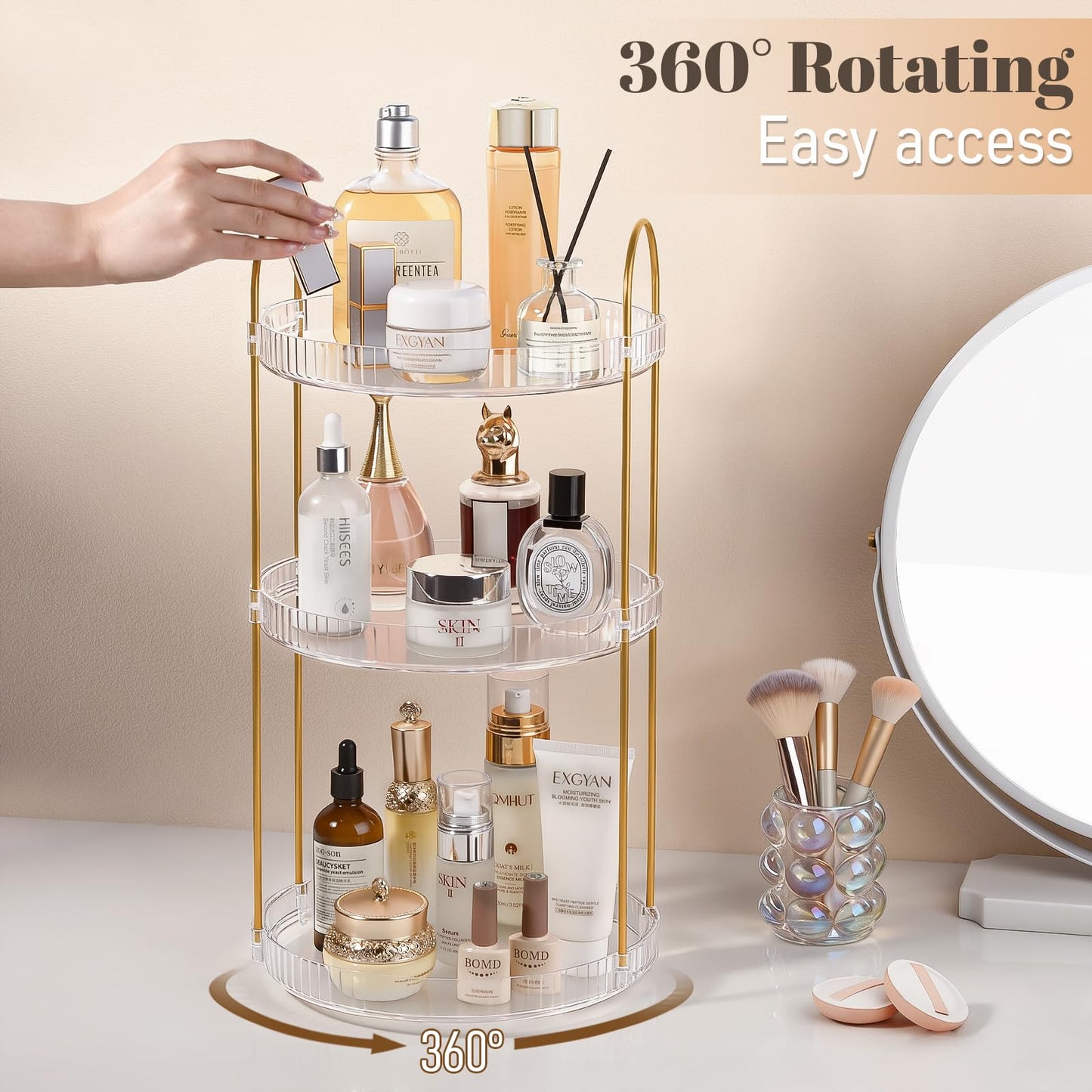 Anyoifax 360° Rotating Makeup Organizer 3 Tier Large Capacity Perfume Skincare Tray for Dresser Spinning Bathroom Counter Organizer for Vanity Lazy Susan Turntable Storage for Kitchen, Clear