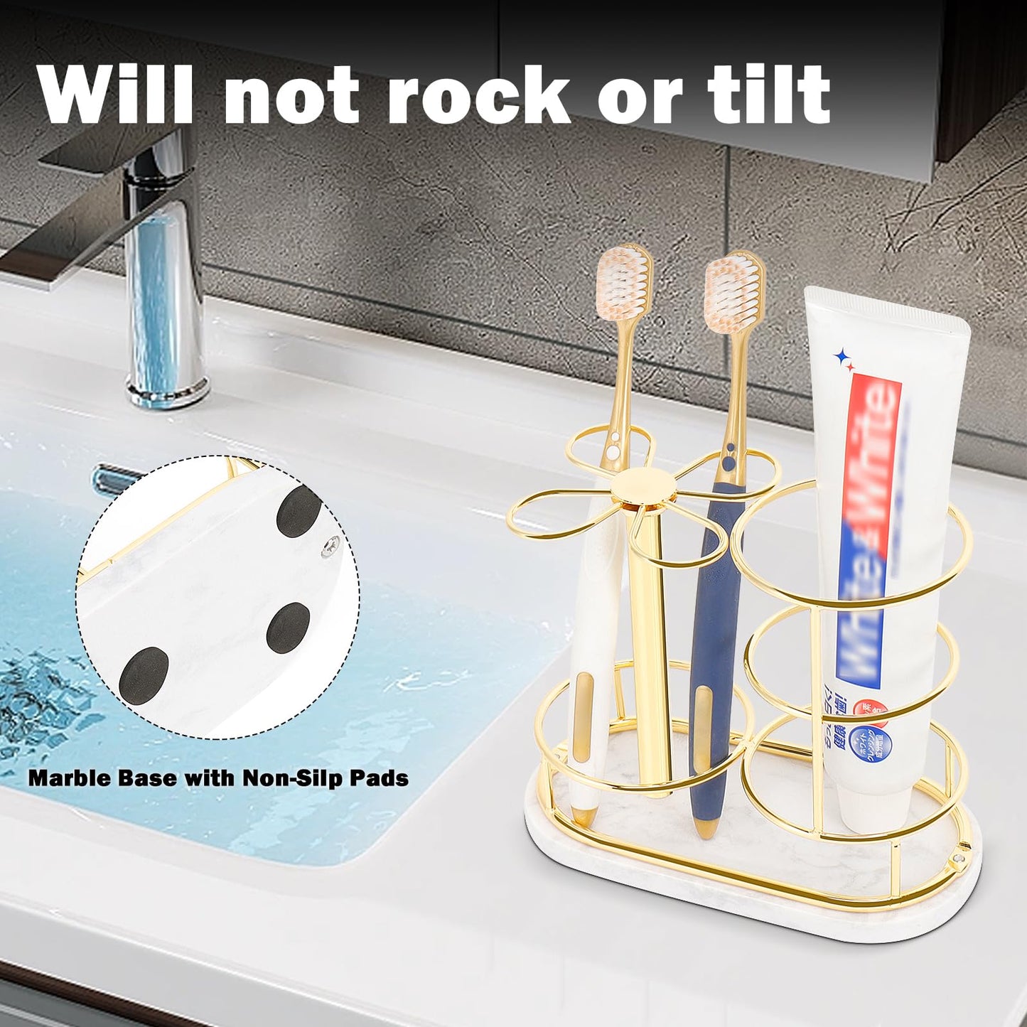 HarJue Toothbrush Holder Stand for Bathroom, Metal Toothbrush Organizer with Marble Base, Toothbrush Storage Collection for Family, Suitable for Home Hotel Countertop Vanity (Medium, Gold)