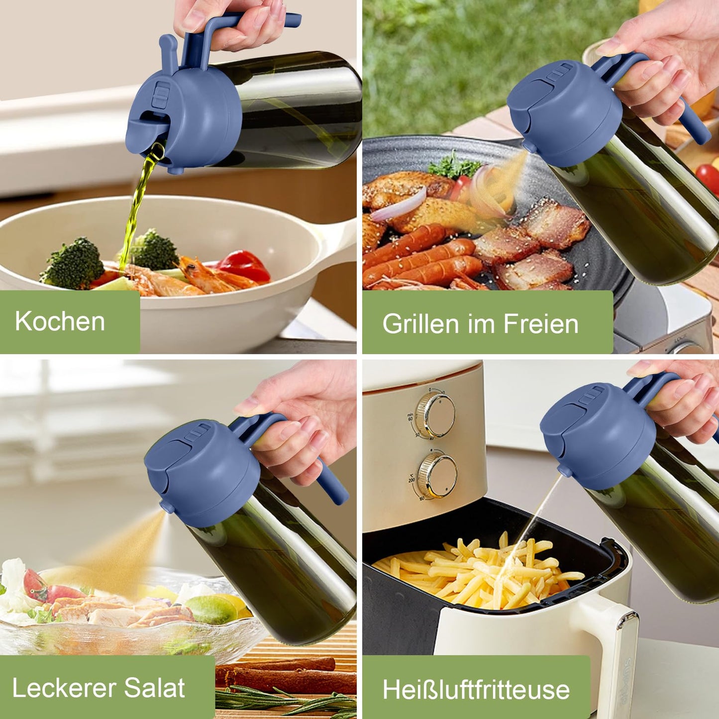 YARRAMATE 2Pcs 16oz/470ml Dark Green Oil Sprayer for Cooking with Stickers, Food-grade Premium 2 in 1 Olive Oil Dispenser Bottle for Kitchen Gadgets, Air Fryer, Salad, Frying, BBQ (Black&Navy)