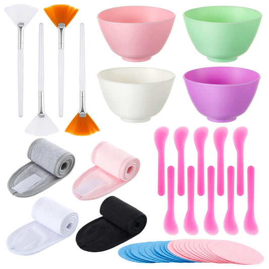 Reallnaive 37 Pcs Face Mask Mixing Bowl Set for Esthetician Supplies Tool Kit with Facial Mask Bowl Stick Spatula Soft Brushes Wet Puff Headband Clay Applicator Tools